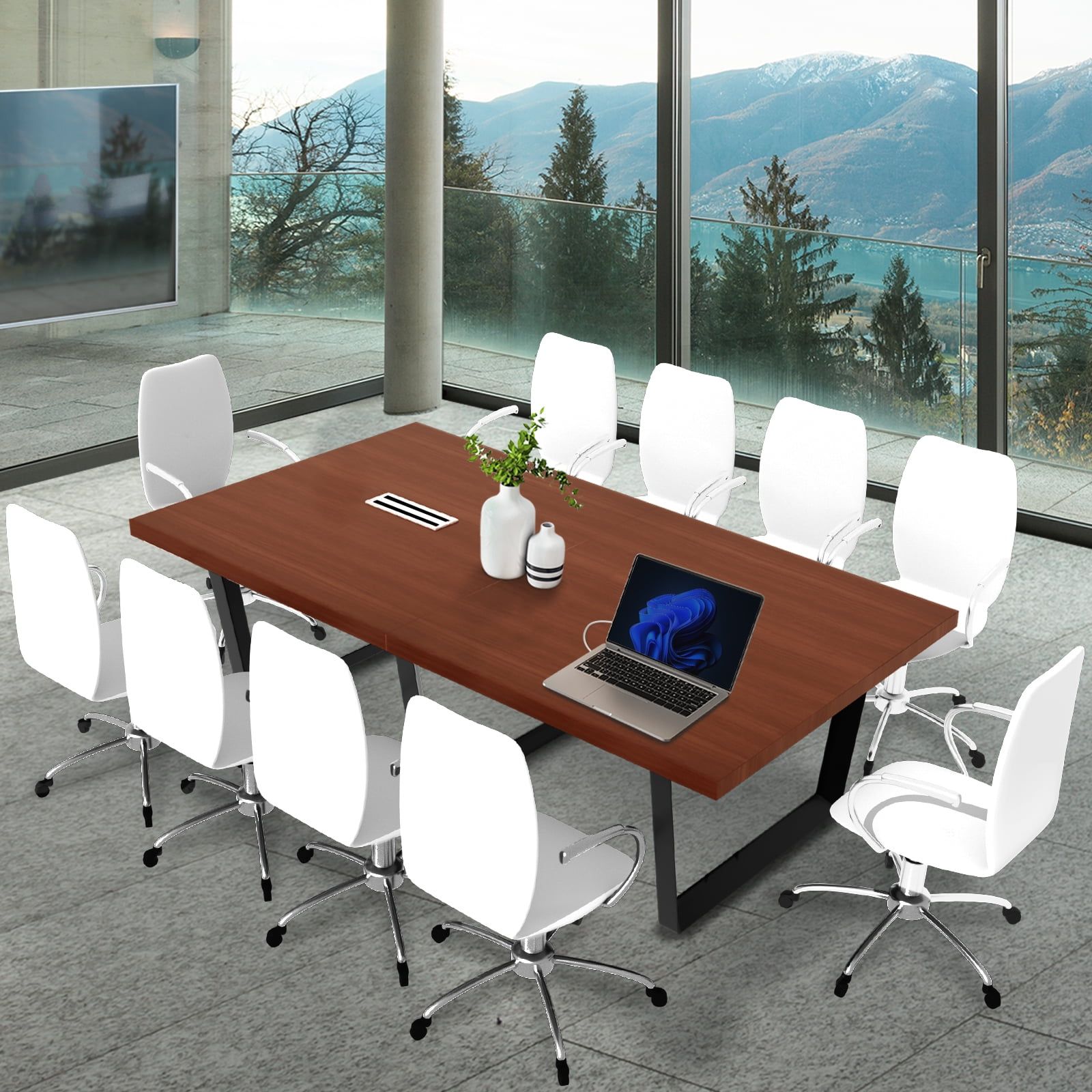 Mahogany 8-Foot Modern Conference Table with Metal Frame