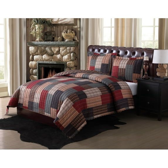 King Size Red and Tan Microfiber Reversible Quilt Set