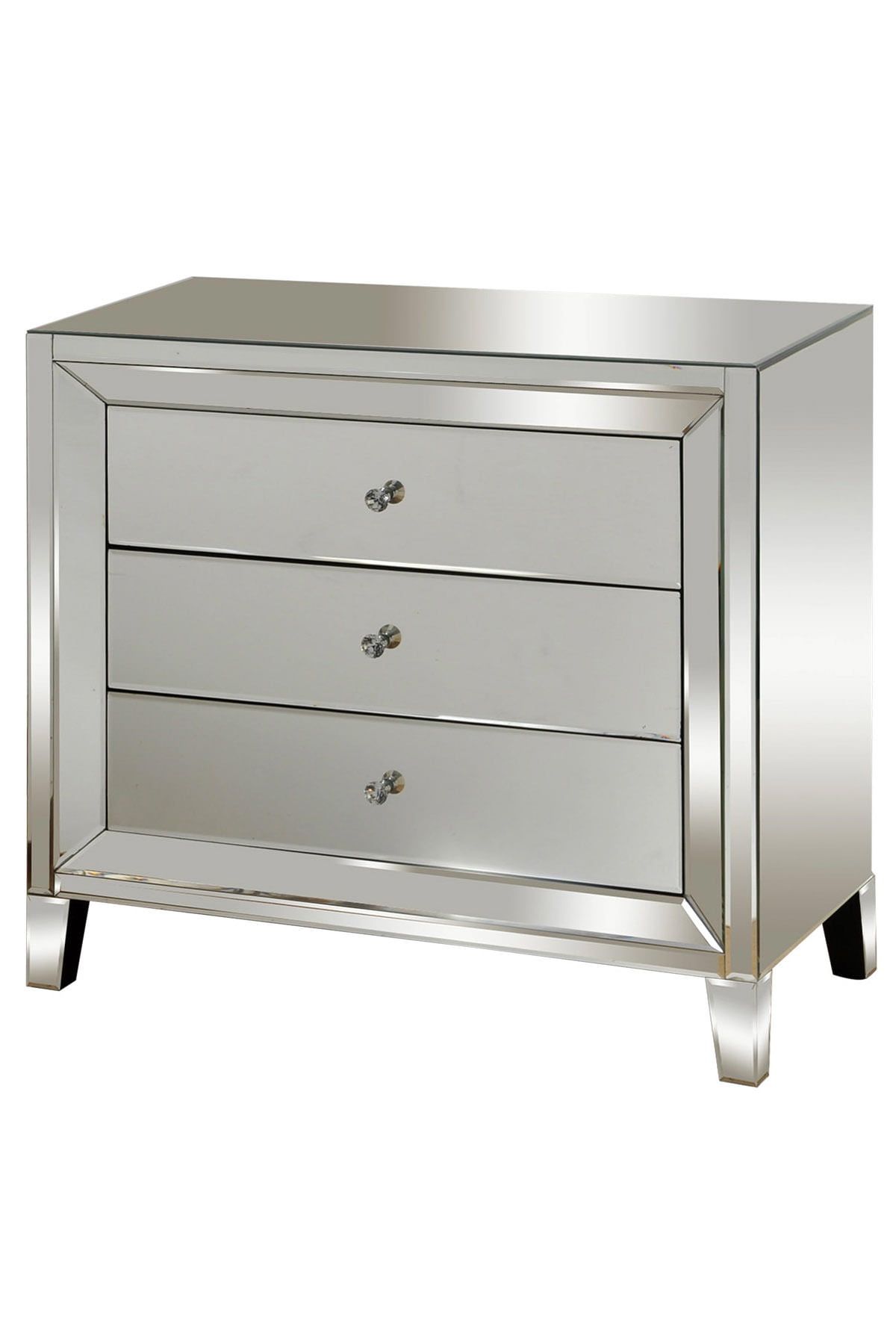 Glam Mirrored 3-Drawer Chest with Crystal Knobs