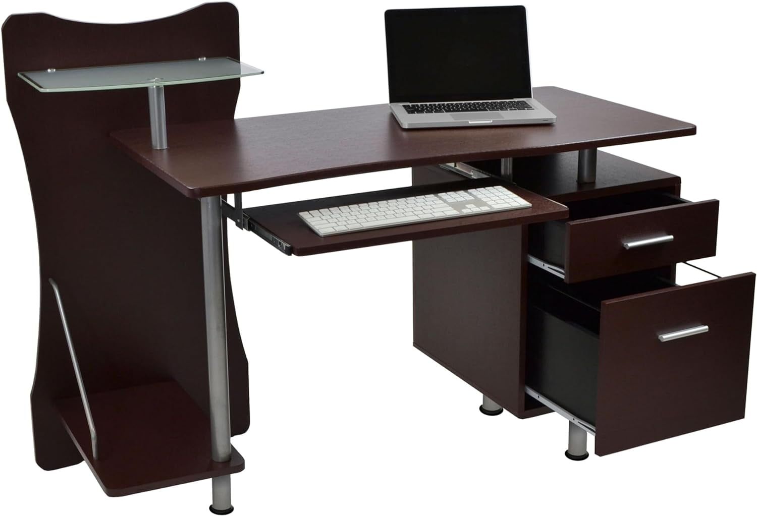 Chocolate Brown Wood Computer Desk with Storage and Keyboard Tray