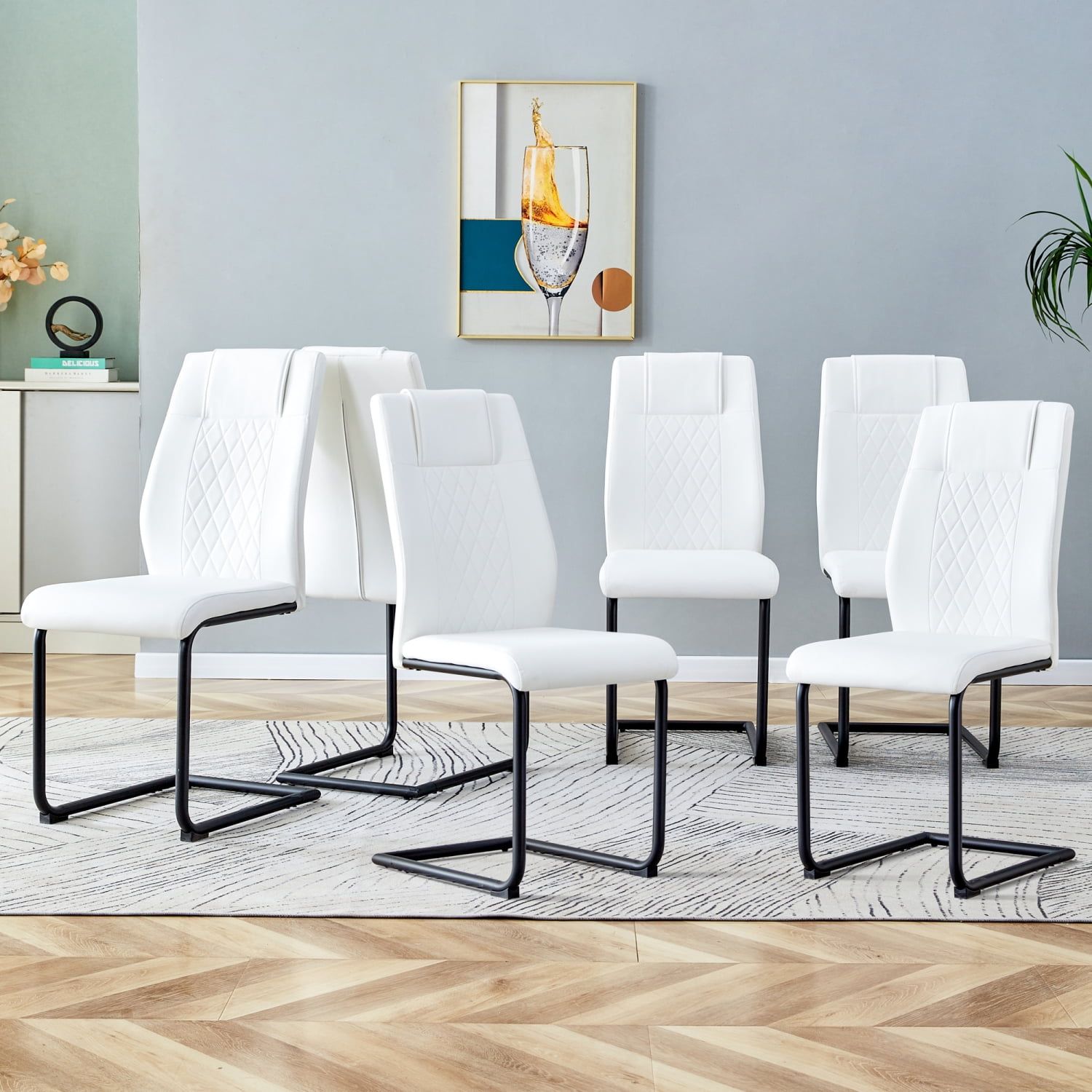 Modern White Faux Leather High Back Side Chairs with Metal Legs, Set of 6