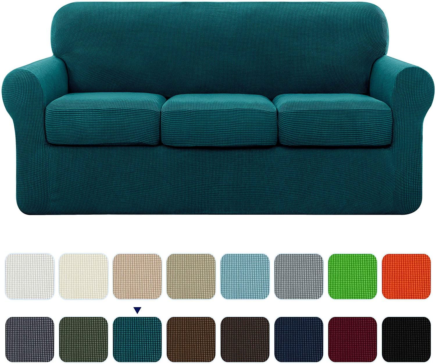 Turquoise Stretch Textured Grid Sofa Cover with Separate Cushion