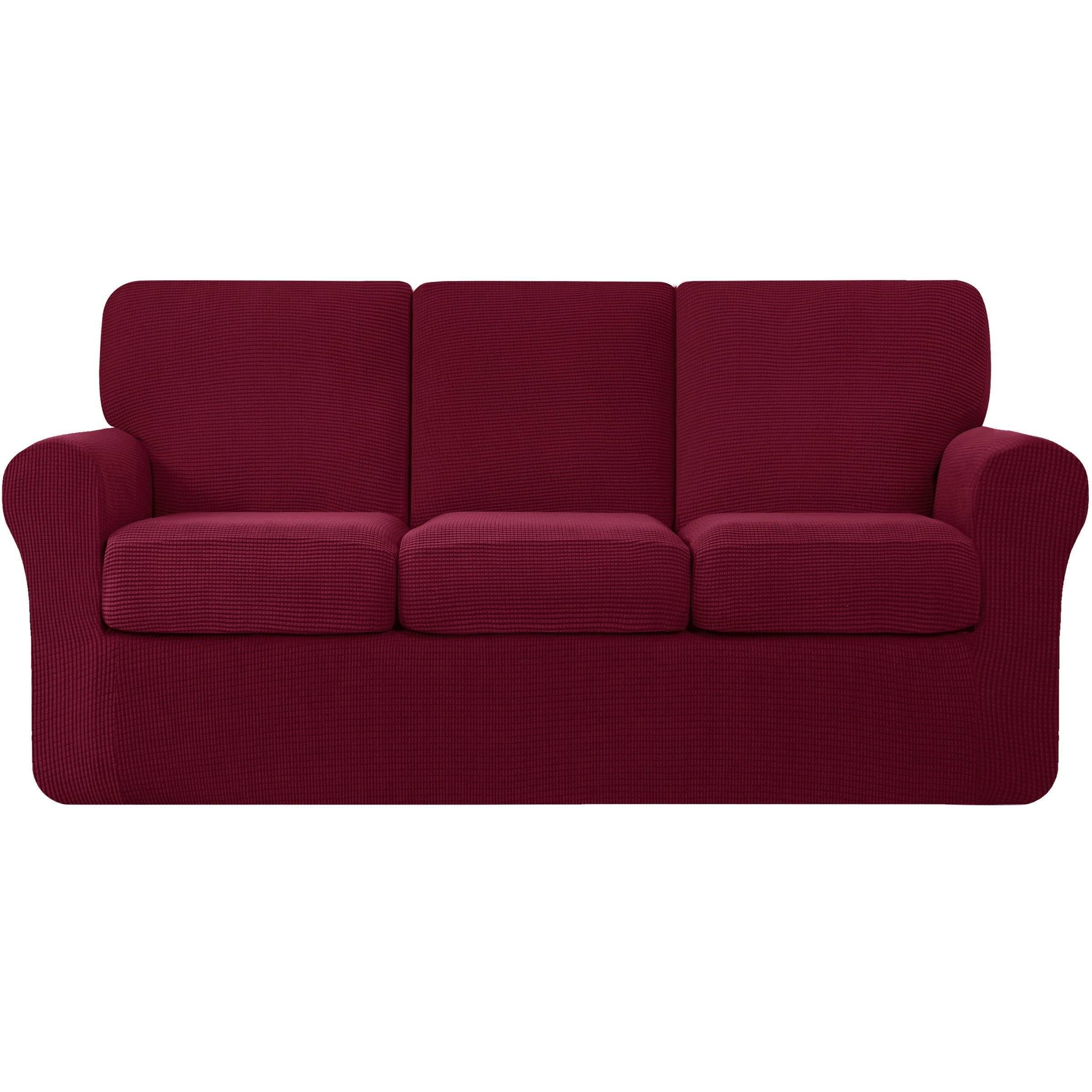 Wine Stretch Sofa Slipcover Set with Textured Grid Pattern