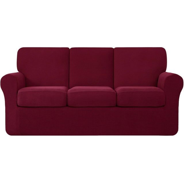 Wine Stretch Sofa Slipcover Set with Textured Grid Pattern