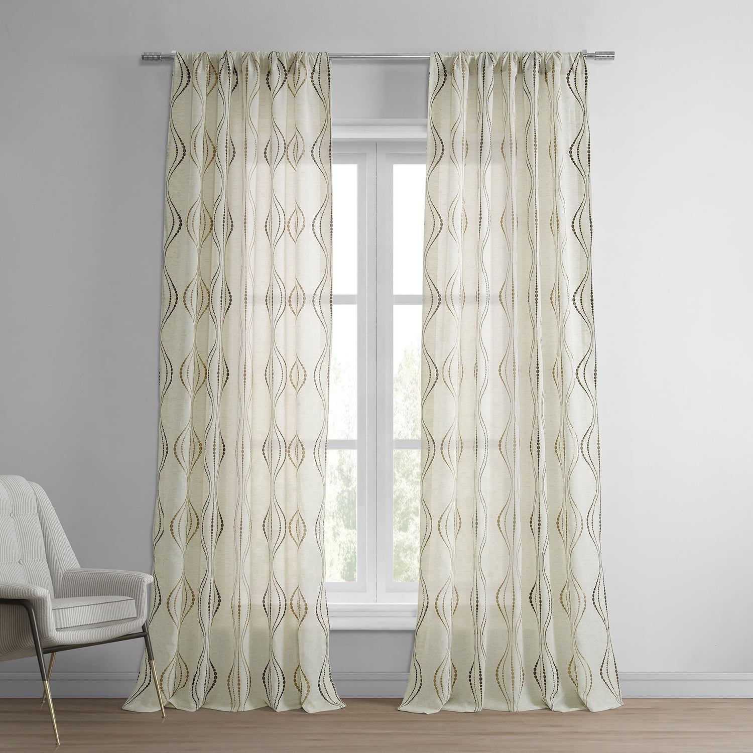 Extended Noir Embroidered Sheer Faux Silk Drapes