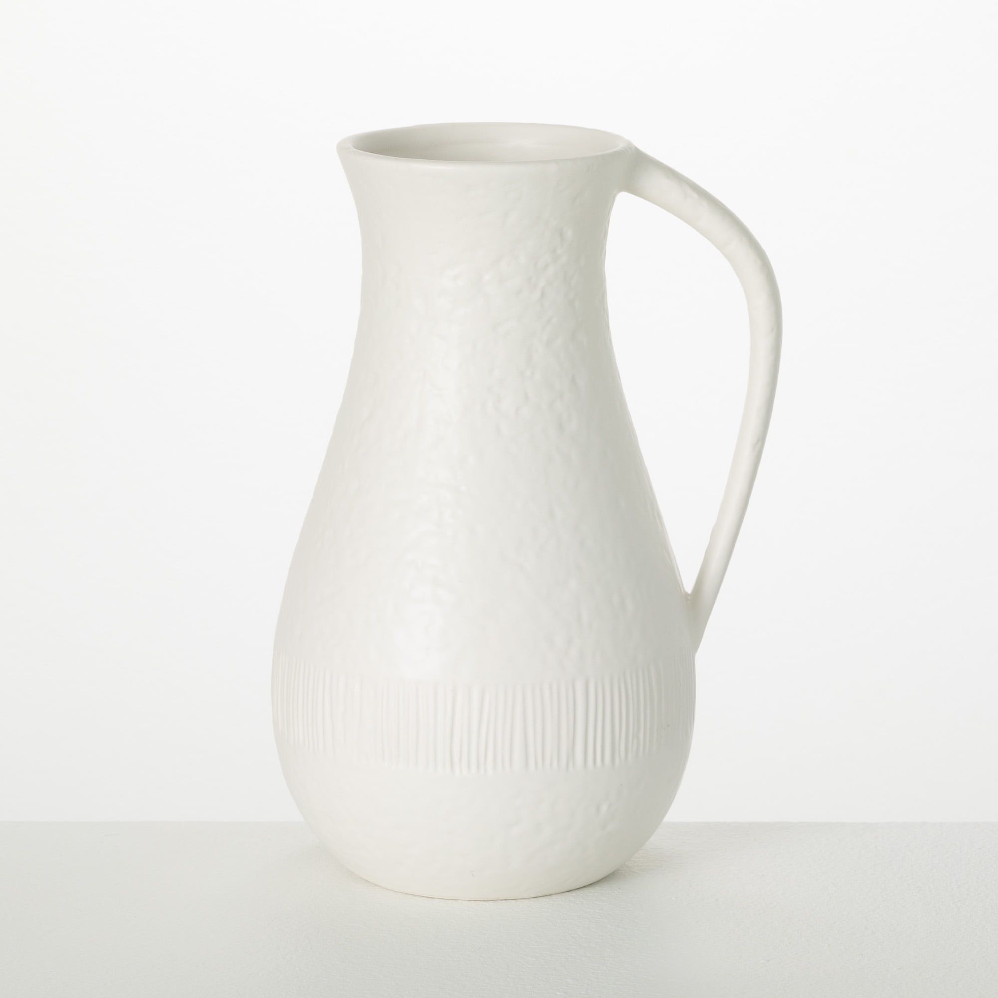 White Textured Ceramic Pitcher Vase with Handle