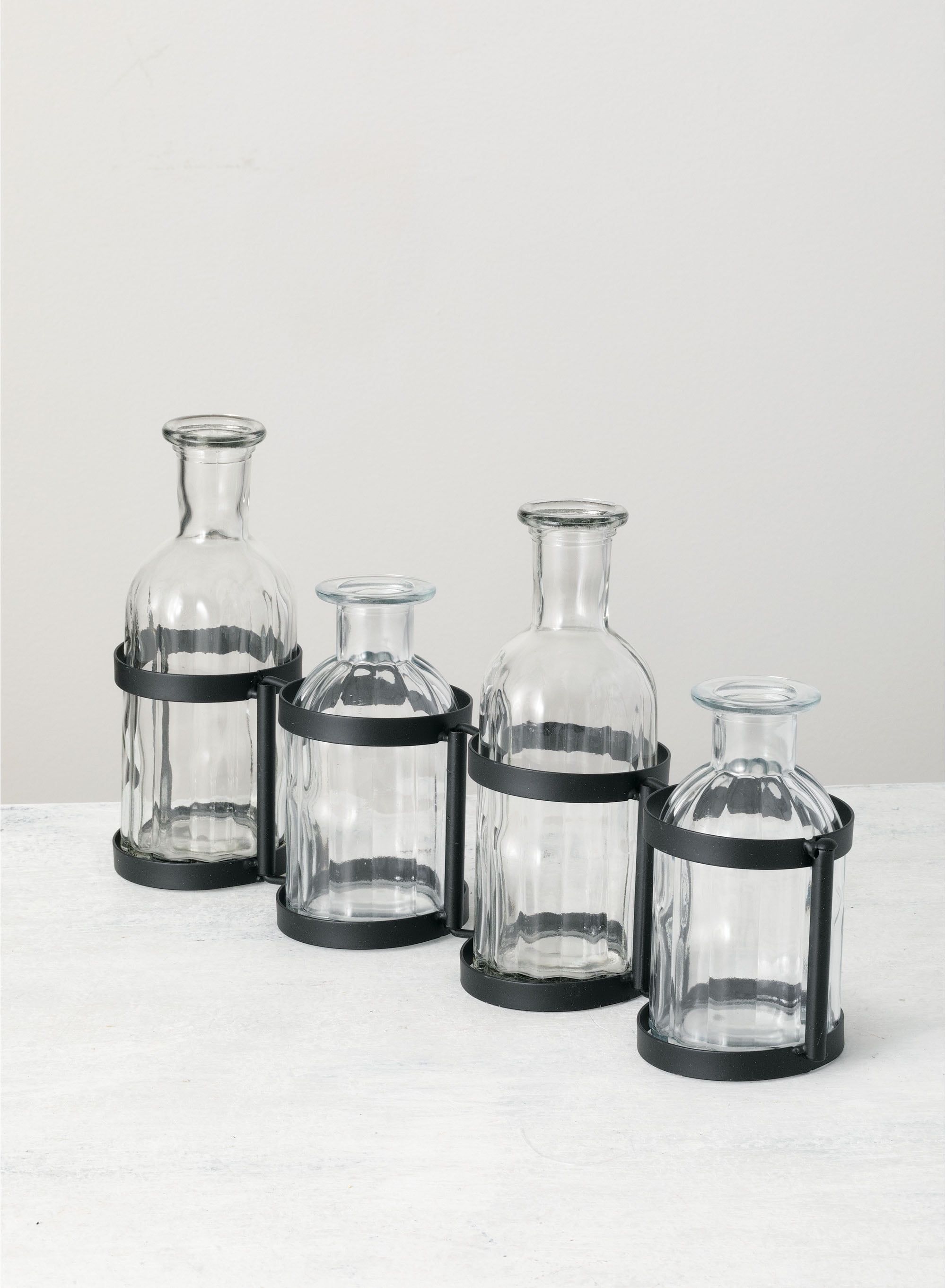 Clear Glass Multi-Level Bottle Vase Set with Black Metal Frame