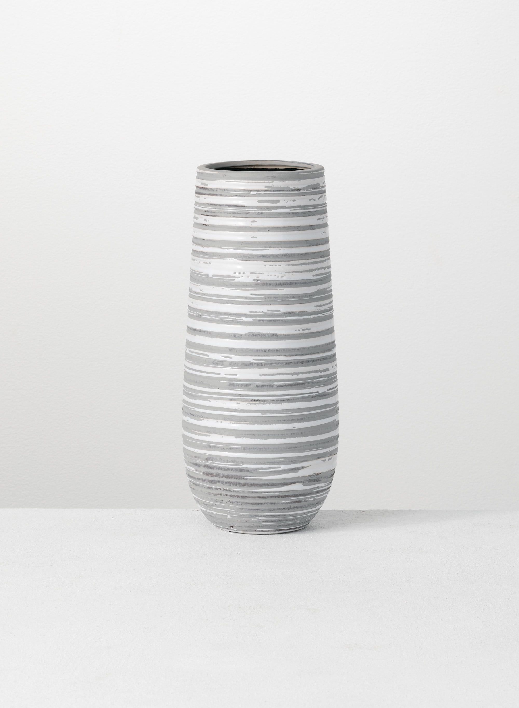 Gray and White Striped Ceramic Decorative Vase 12"