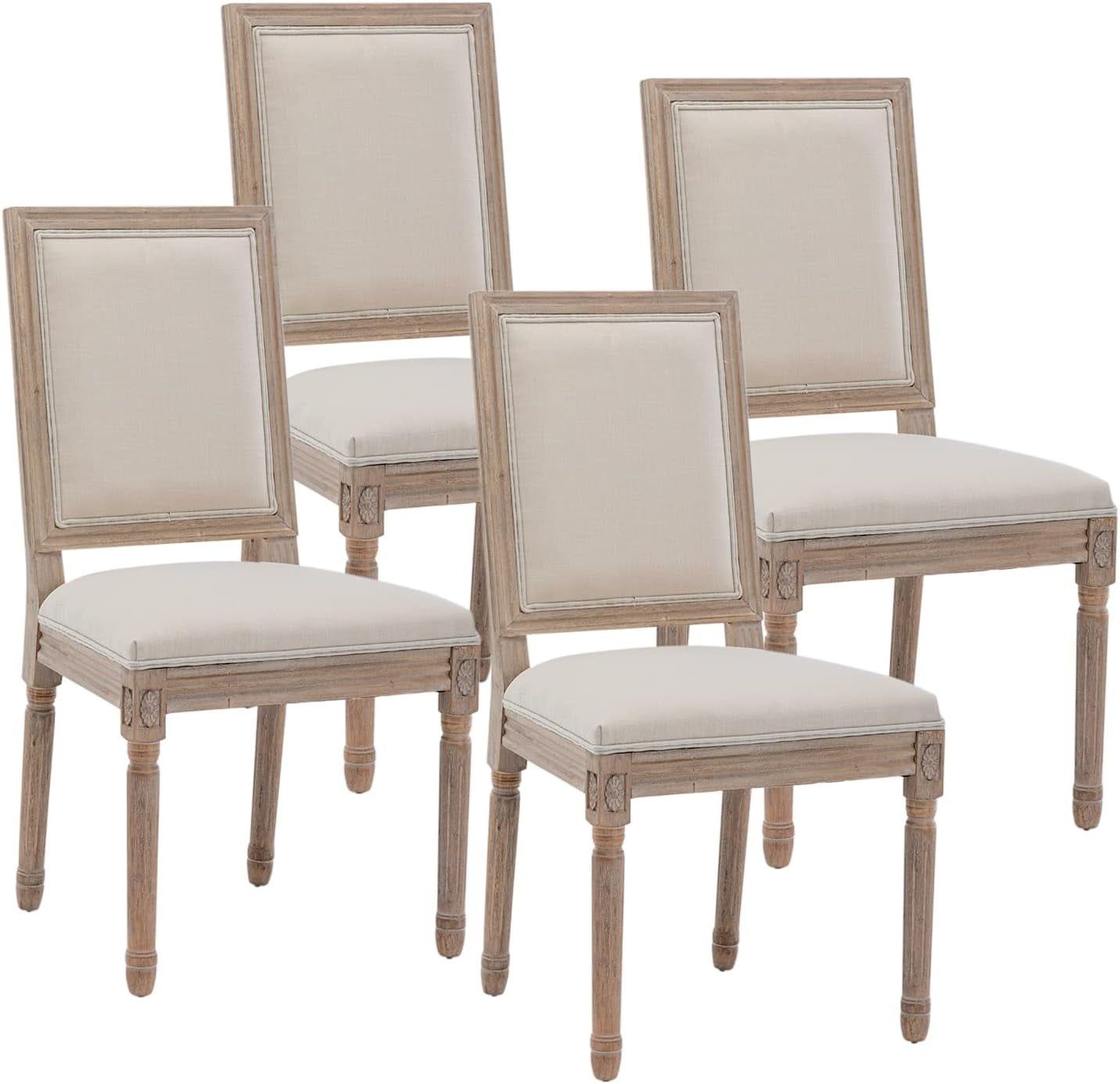 Beige Upholstered Rubberwood Dining Side Chairs, Set of 4