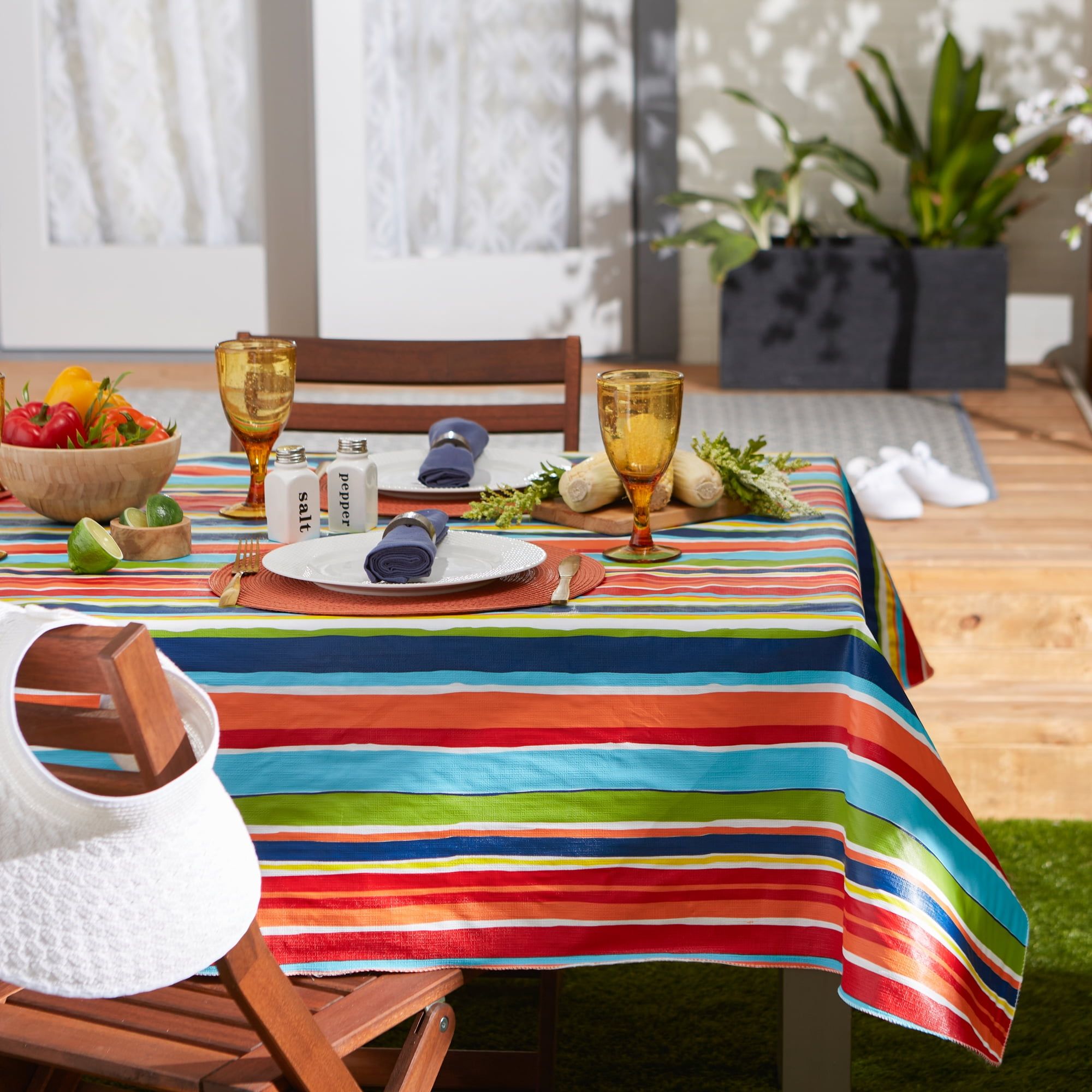 Summer Stripe Multicolor Vinyl Flannel Backed Tablecloth, 60x84