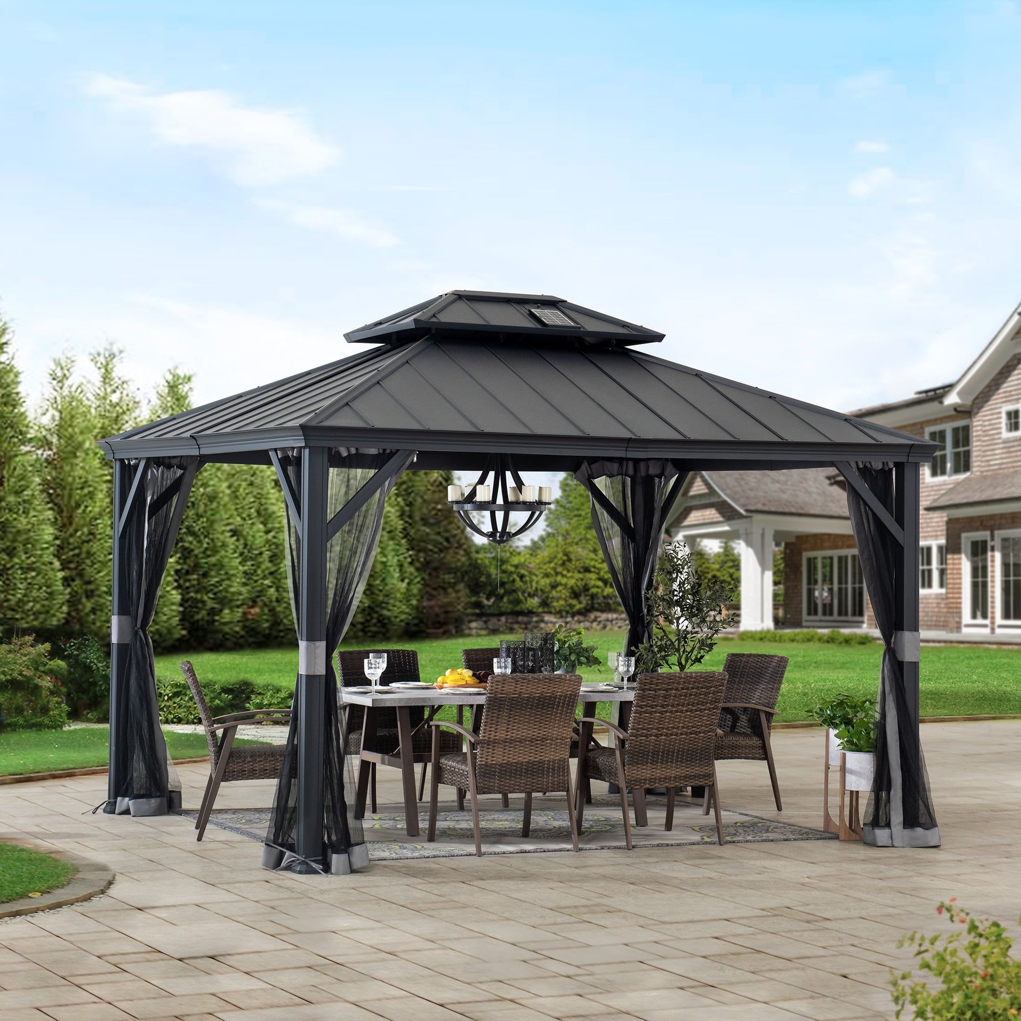 SummerCove 10 ft. x 12 ft. Hardtop Gazebo, Outdoor Patio Aluminum Frame Gazebo with Solar Panel, 2-Tier Steel Hardtop Backyard Gazebo with Netting and Ceiling Hook