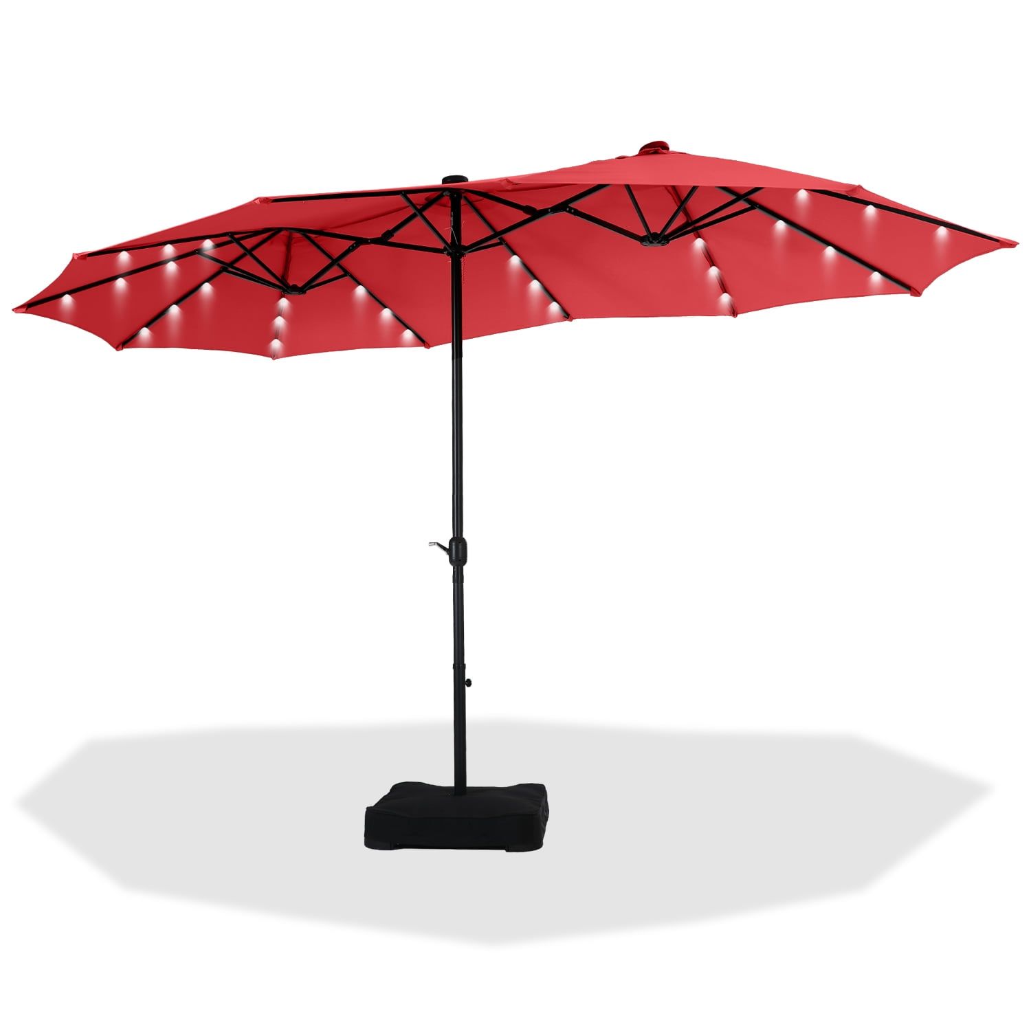 Red 15ft Double-Sided Solar Patio Umbrella with LED Lights and Base