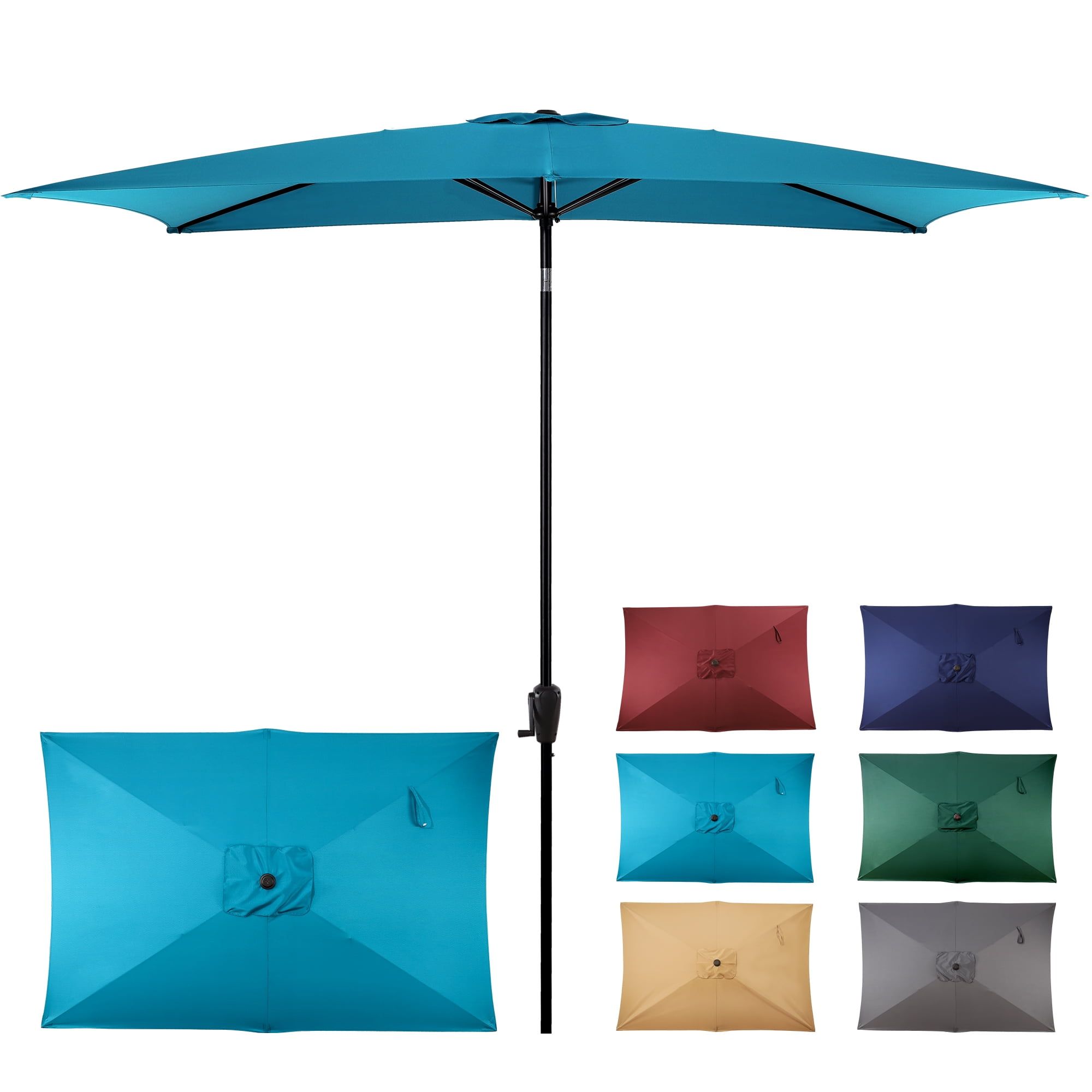 Teal Rectangular Steel Patio Umbrella with Tilt and Crank Lift