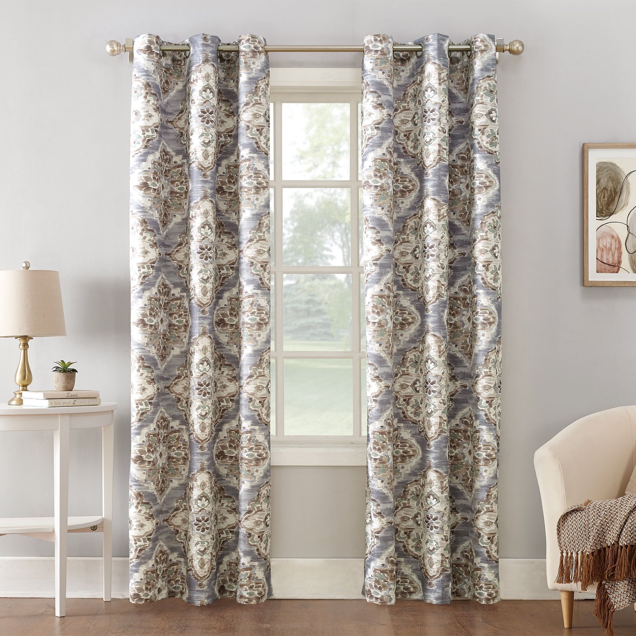 Gray and Flax Floral Watercolor Thermal Insulated Grommet Curtain Panel