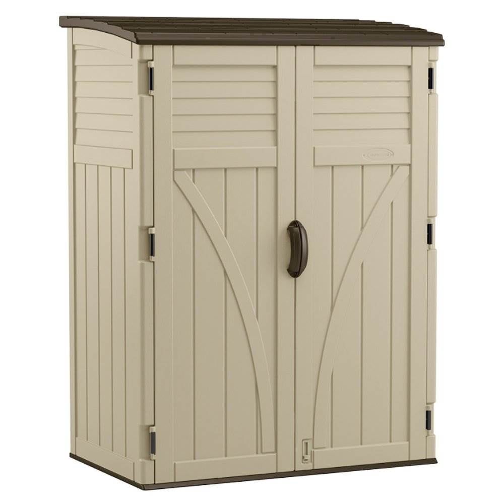 Large Beige and Brown Resin Vertical Storage Shed with Shelving