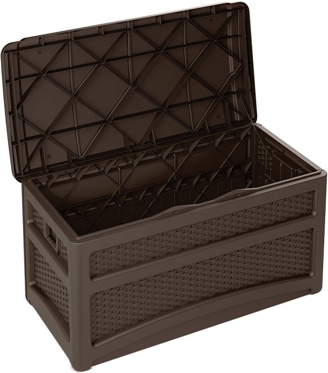 Brown Lockable Plastic Wicker Deck Box with Wheels