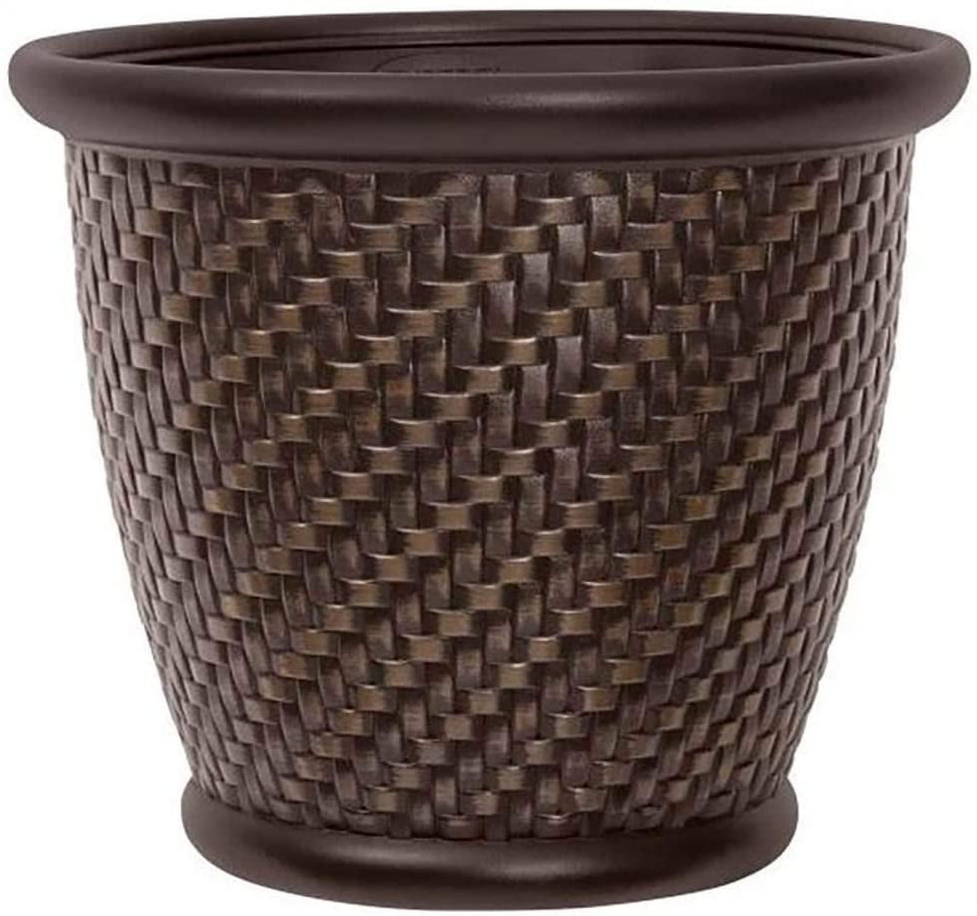 Contemporary Herringbone Resin Wicker Planter, Dark Brown, 18"