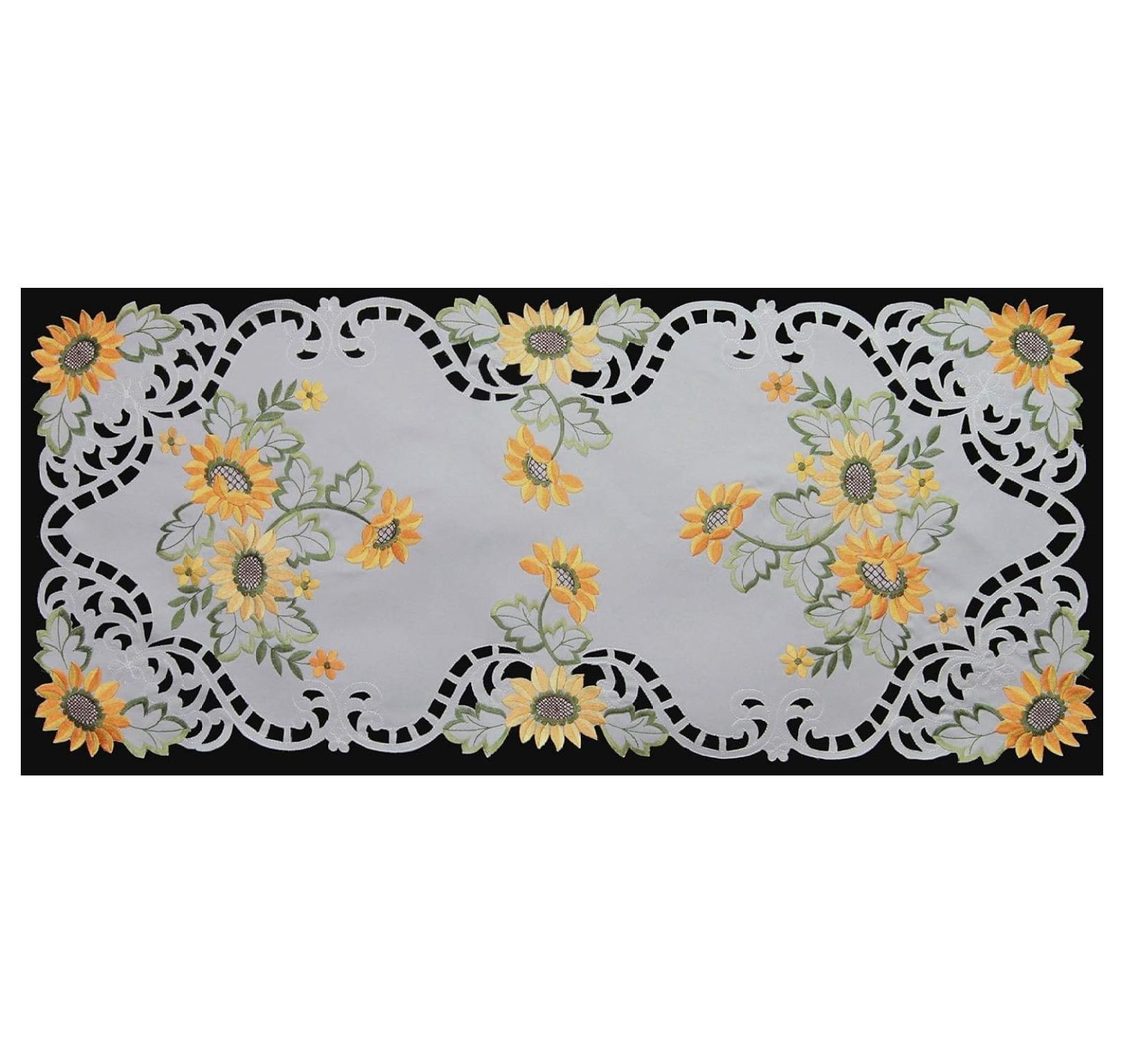 White Embroidered Sunflower Cutwork Table Runner 15x34