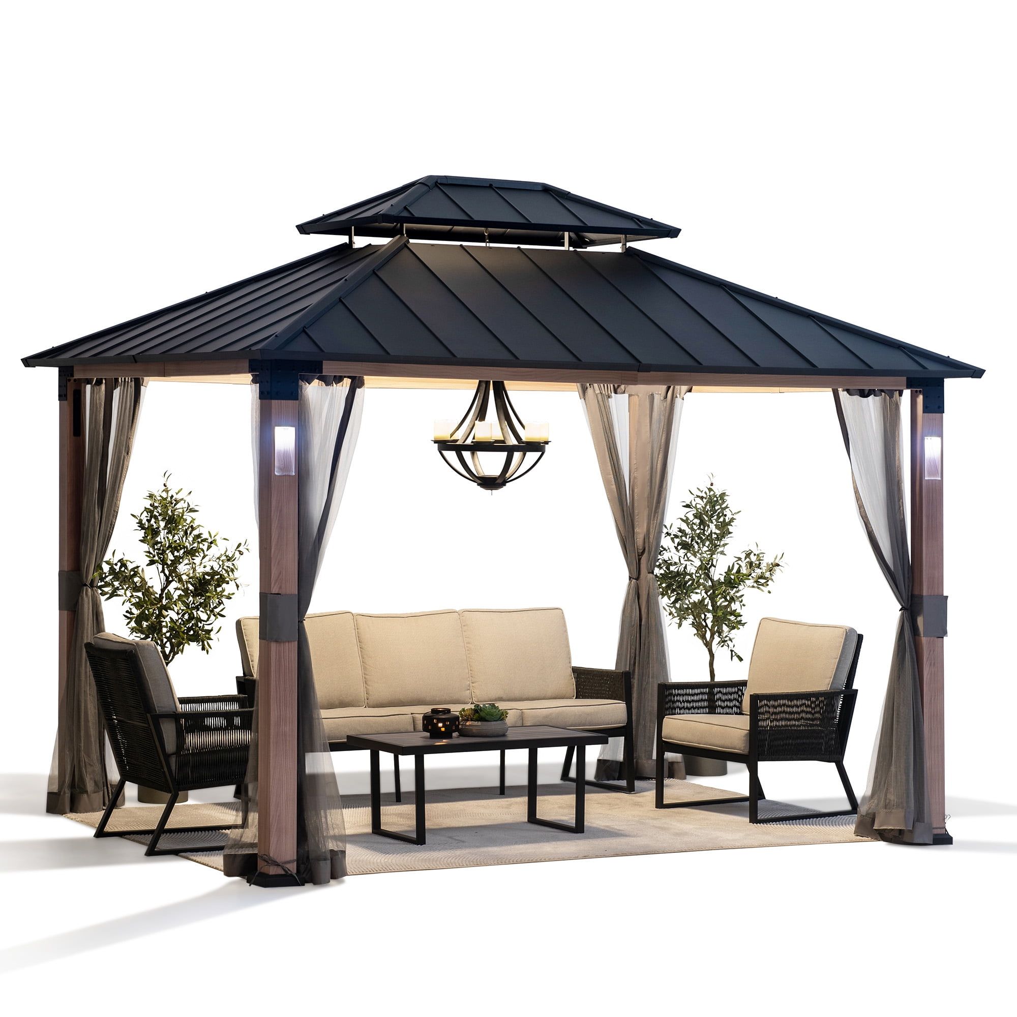 Sunjoy  Hardtop Gazebo 10 ft. x 12 ft. With Netting & LED Lights (Batteries operated) and Remote control