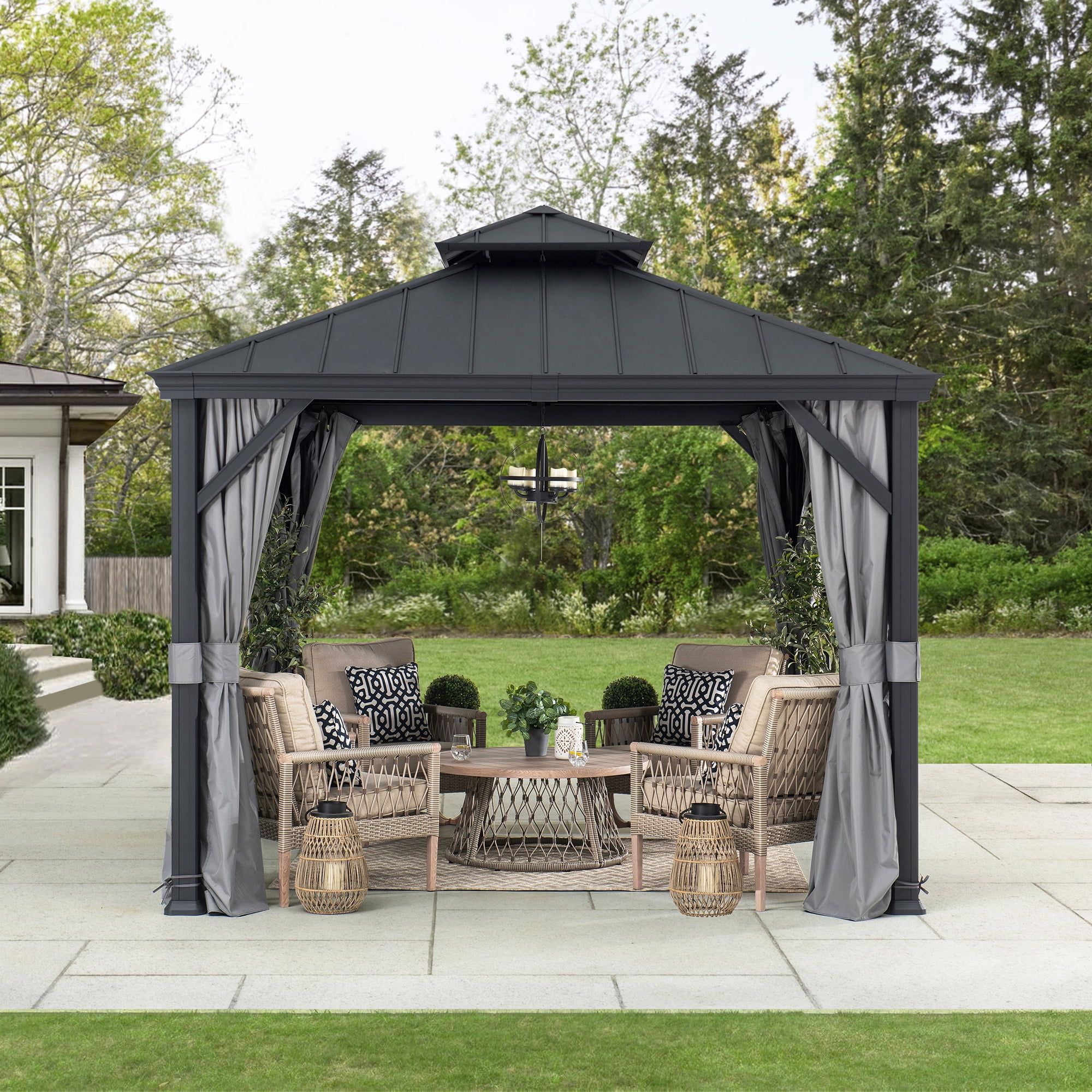 Sunjoy 10 ft. x 10 ft. Black Aluminum Frame Gazebo with Gray Curtains