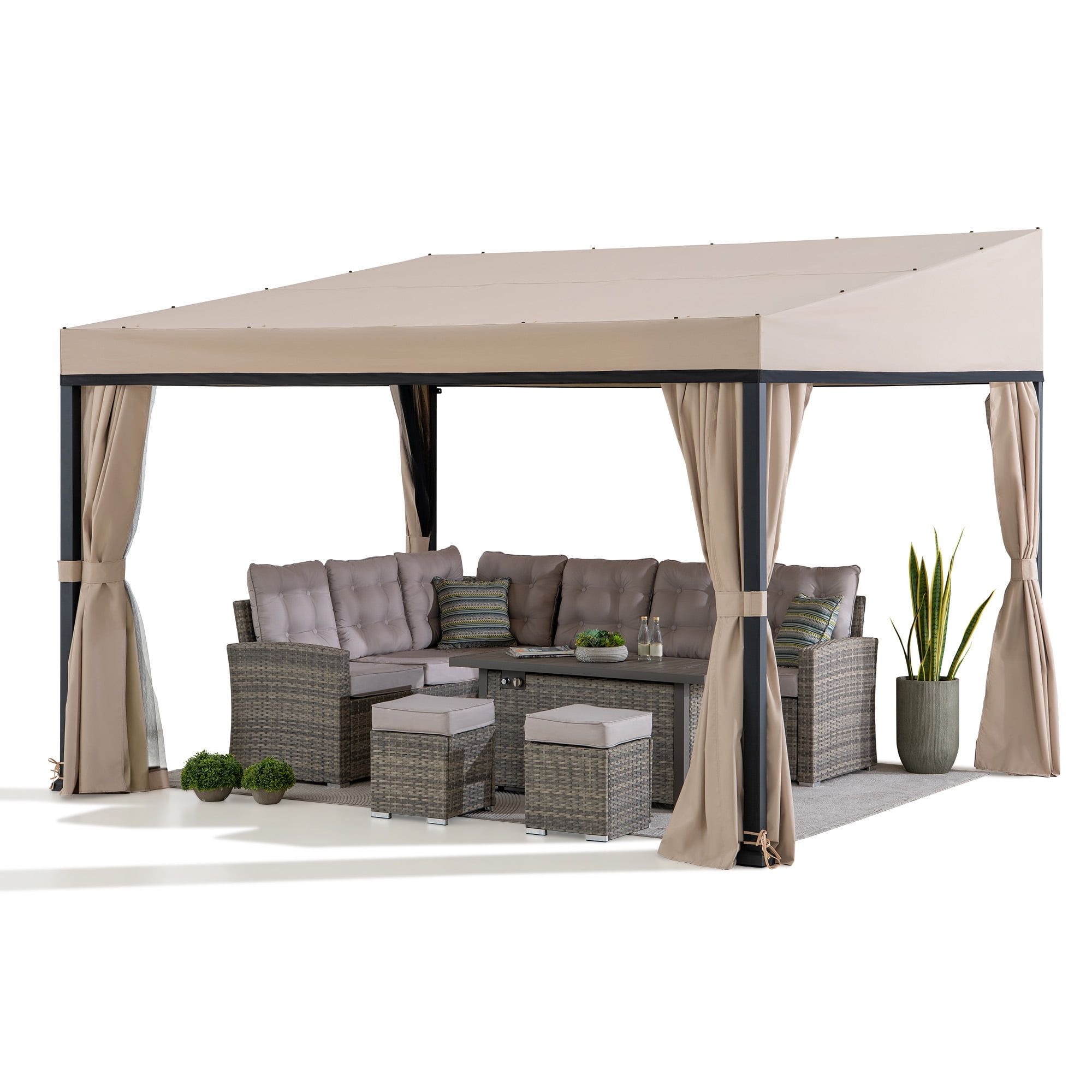 Sunjoy 10 x 12 ft Beige Aluminum Wall-Mounted Gazebo with Curtains