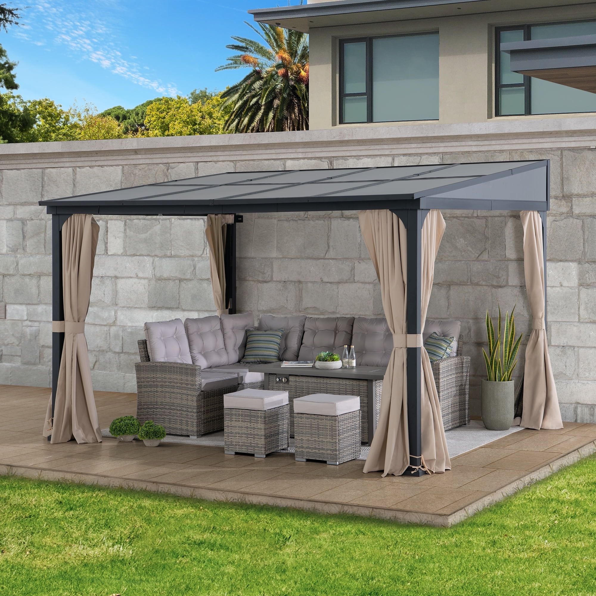 Sunjoy 10 x 12 ft Wall Mounted Gazebo with Polycarbonate Roof, Black Aluminum & Metal Frame Lean to Gazebo with Curtains and Netting