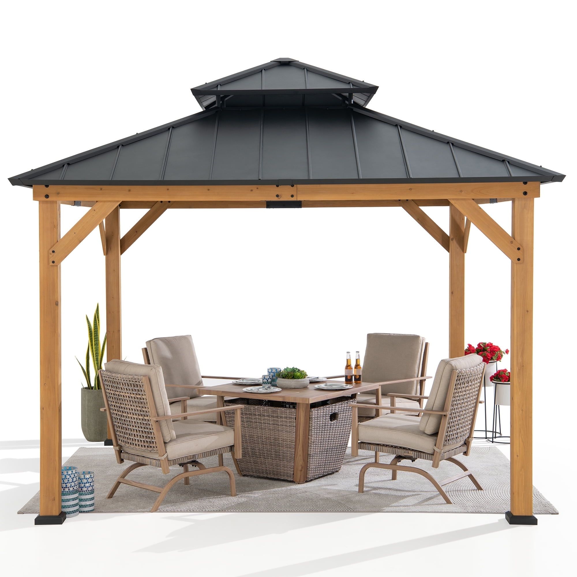 Sunjoy 11 ft. Black Steel Roof Cedar Wood Frame Gazebo