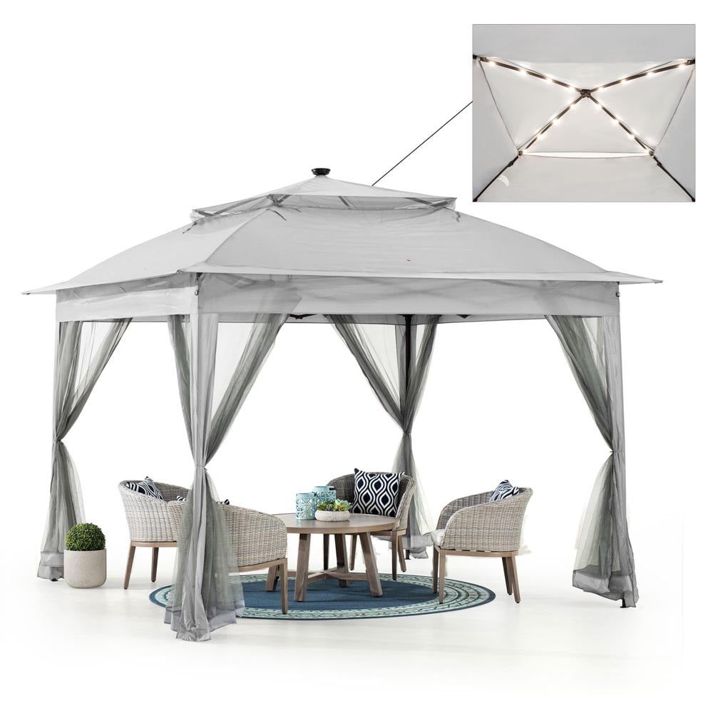 Gray 11x11 Steel Frame Pop-Up Gazebo with Solar LED Lights