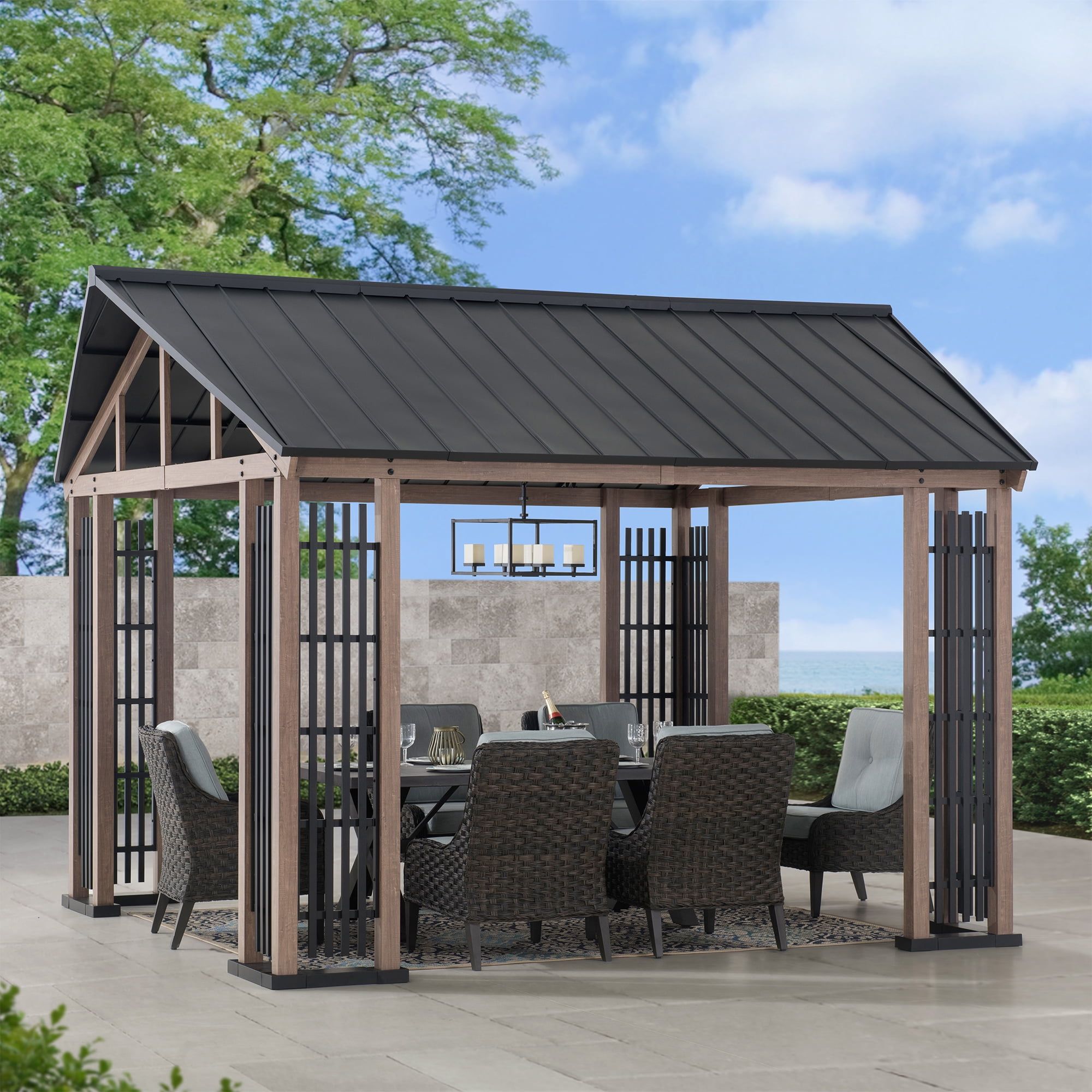 Sunjoy 11x13 ft Black Steel Hardtop Gazebo with Gable Roof