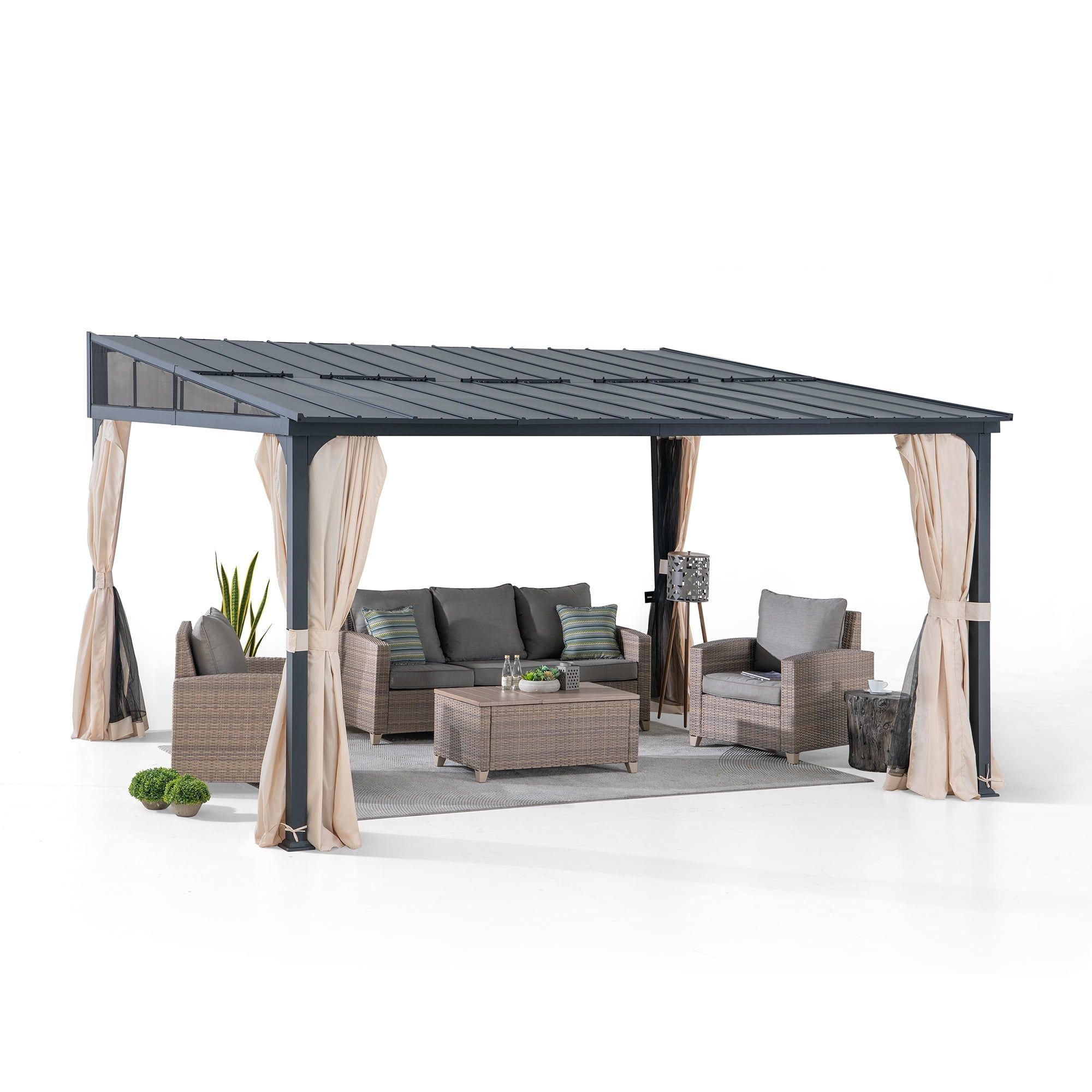 Sunjoy 12' x 14' Black Aluminum Wall-Mounted Gazebo with Curtains