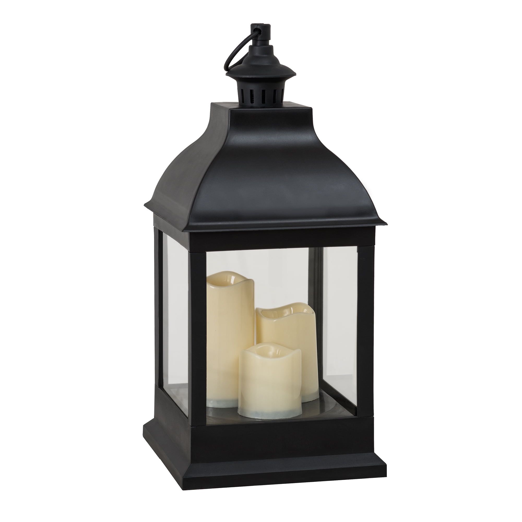 Black 20" Outdoor Lantern with Flameless LED Pillar Candles