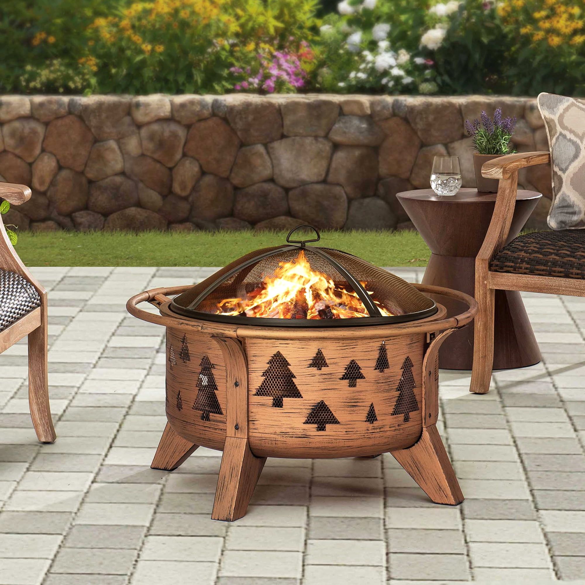 Bronze 30" Tree Motif Wood-Burning Fire Pit with Spark Screen