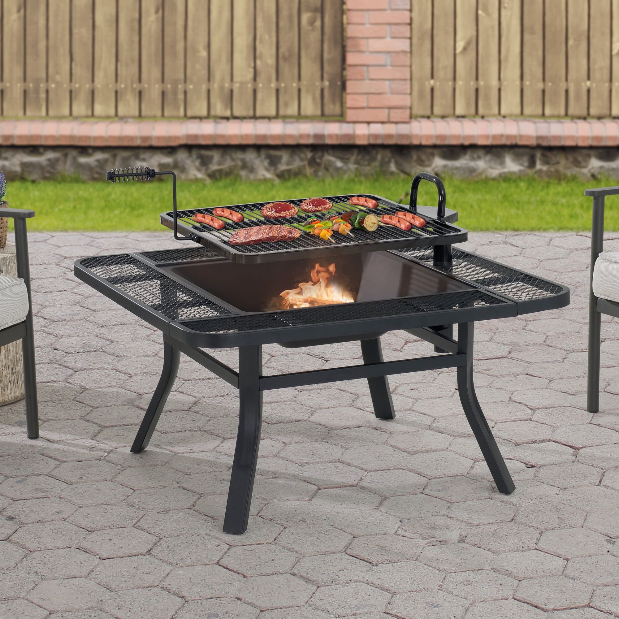 Sunjoy 38 Inch Black Wood Burning Grill Fire Pit