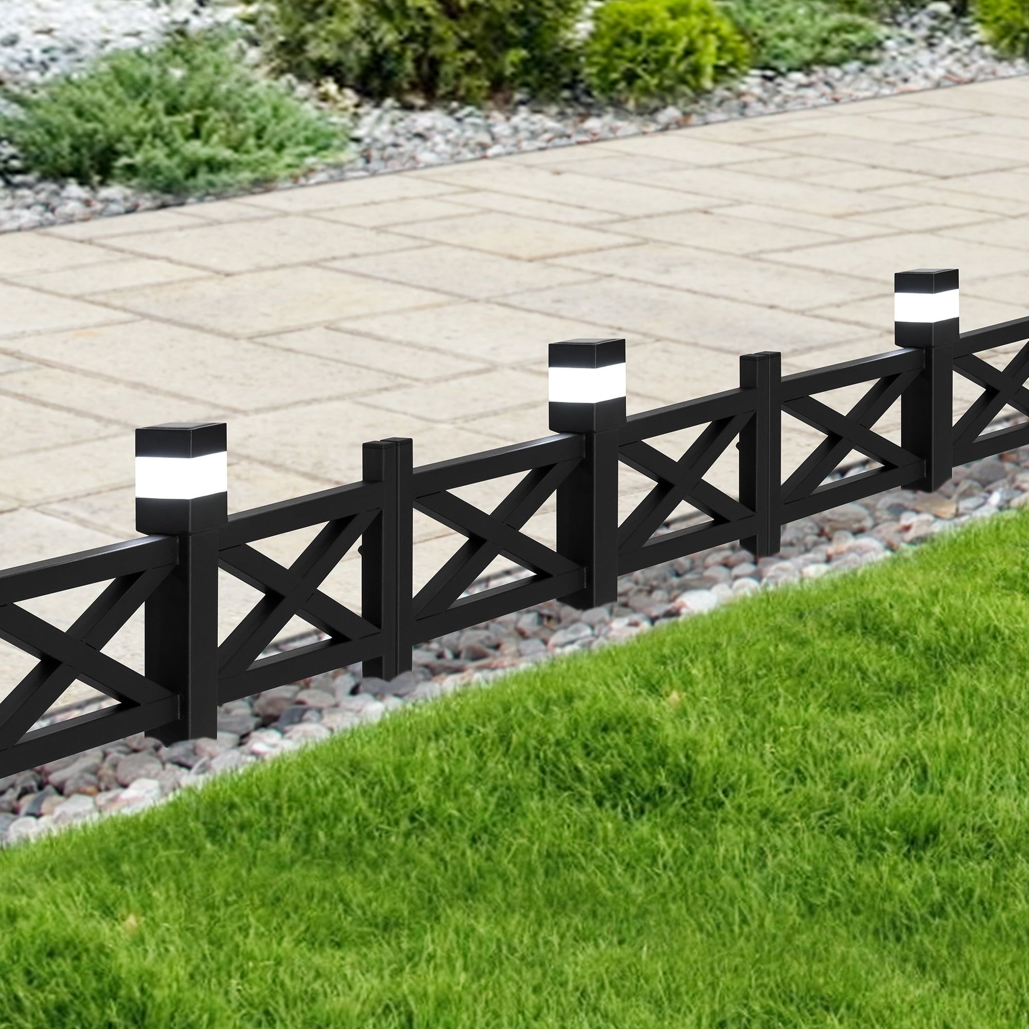 Black Metal Lattice Garden Fence with Solar LED Lights