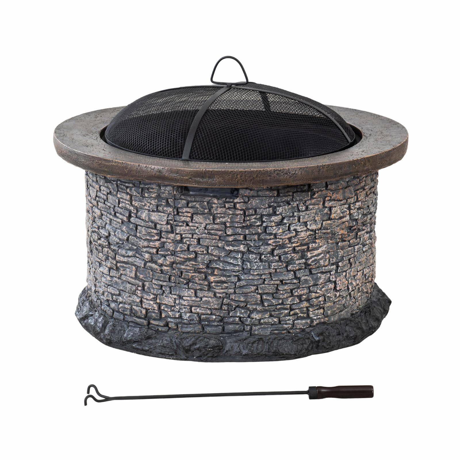 Round Stone and Steel Wood-Burning Fire Pit