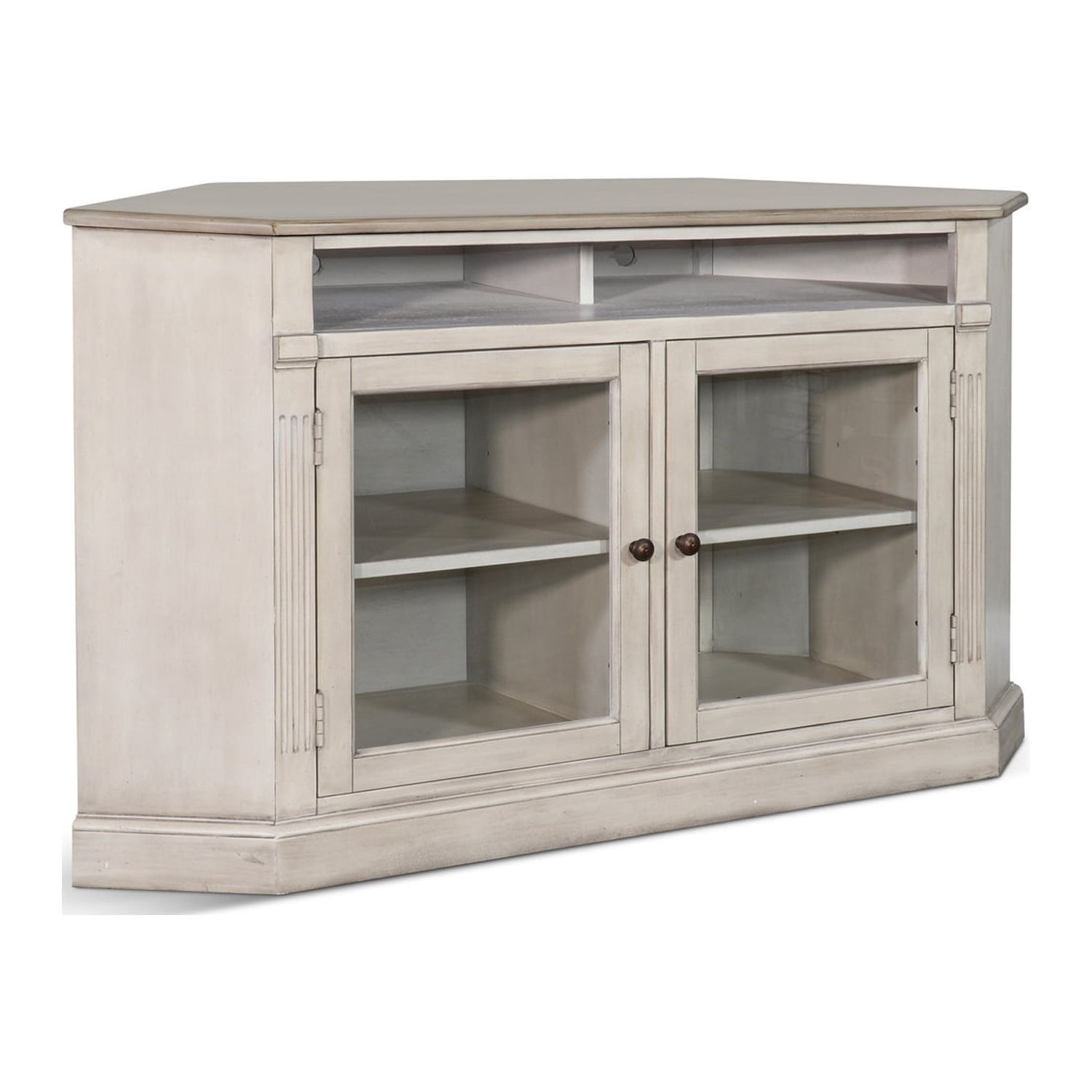 Westwood Village Traditional Corner TV Stand with Cabinet, White and Brown