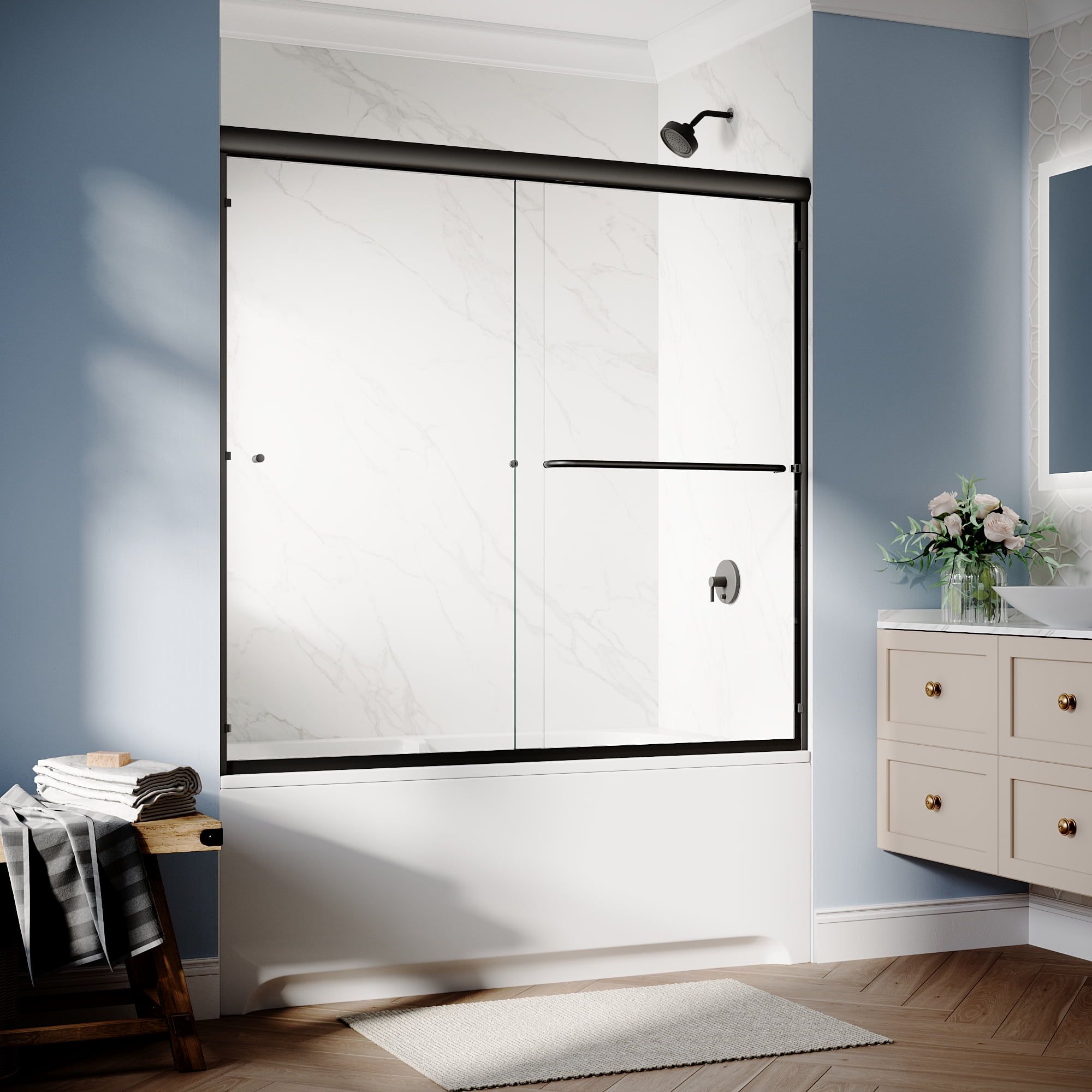 Elegant Black Semi-Frameless Sliding Shower Door with Clear Glass, 60''W x 57''H
