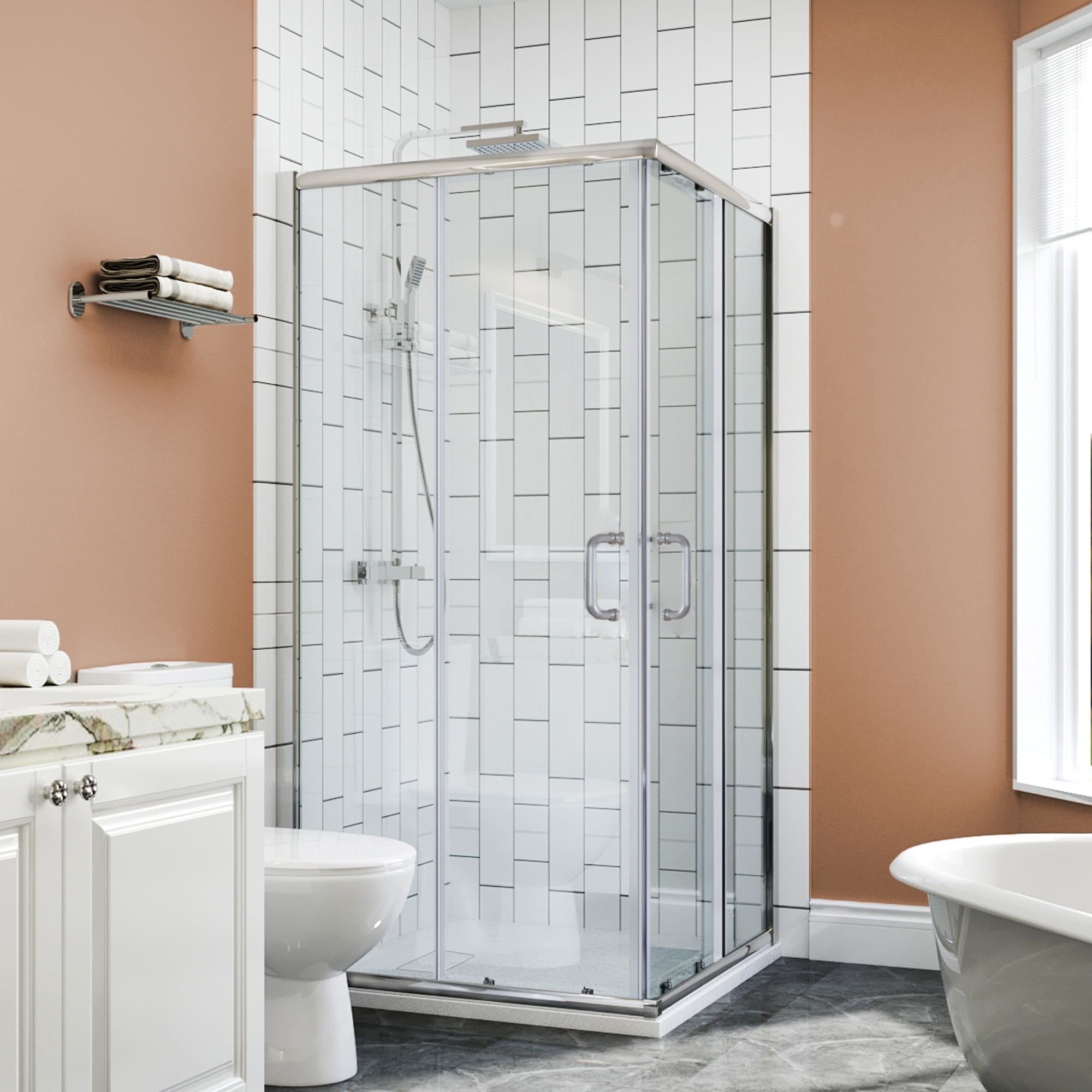 Brushed Nickel Corner Shower Enclosure with Clear Glass Panels