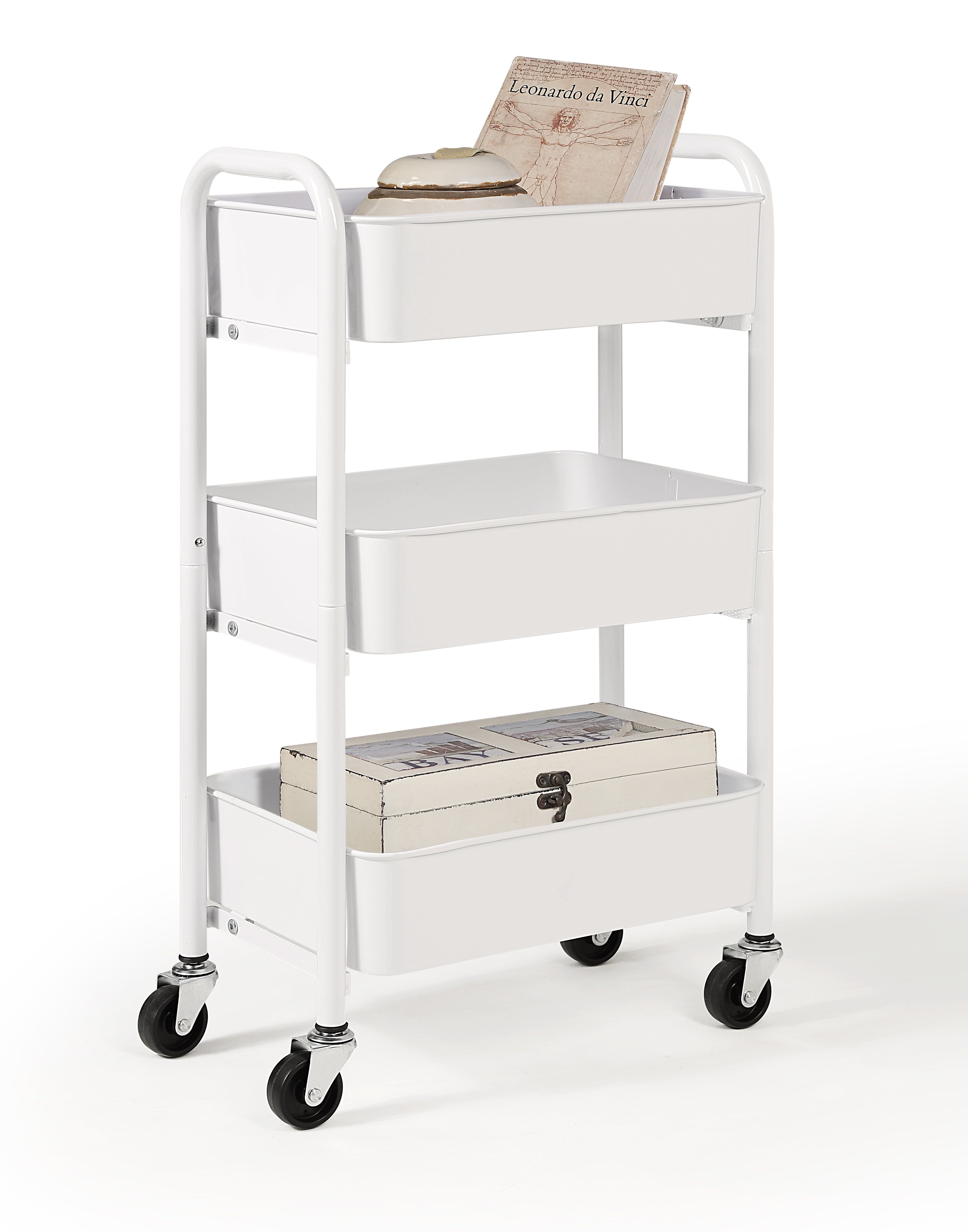 White Compact 3-Tier Metal Rolling Utility Cart with Caster Wheels