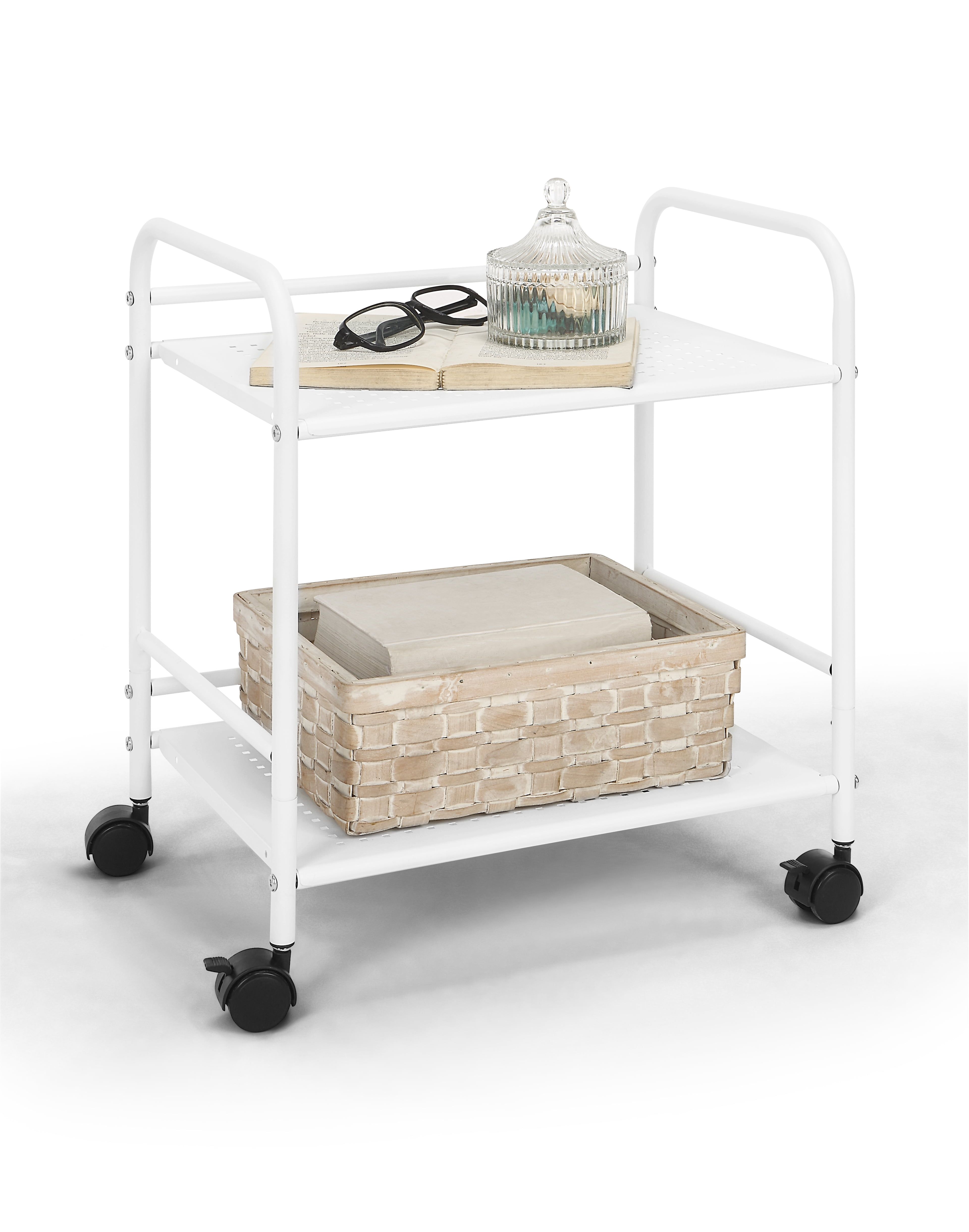 White Metal 2-Tier Minimalist Rolling Utility Shelf Cart