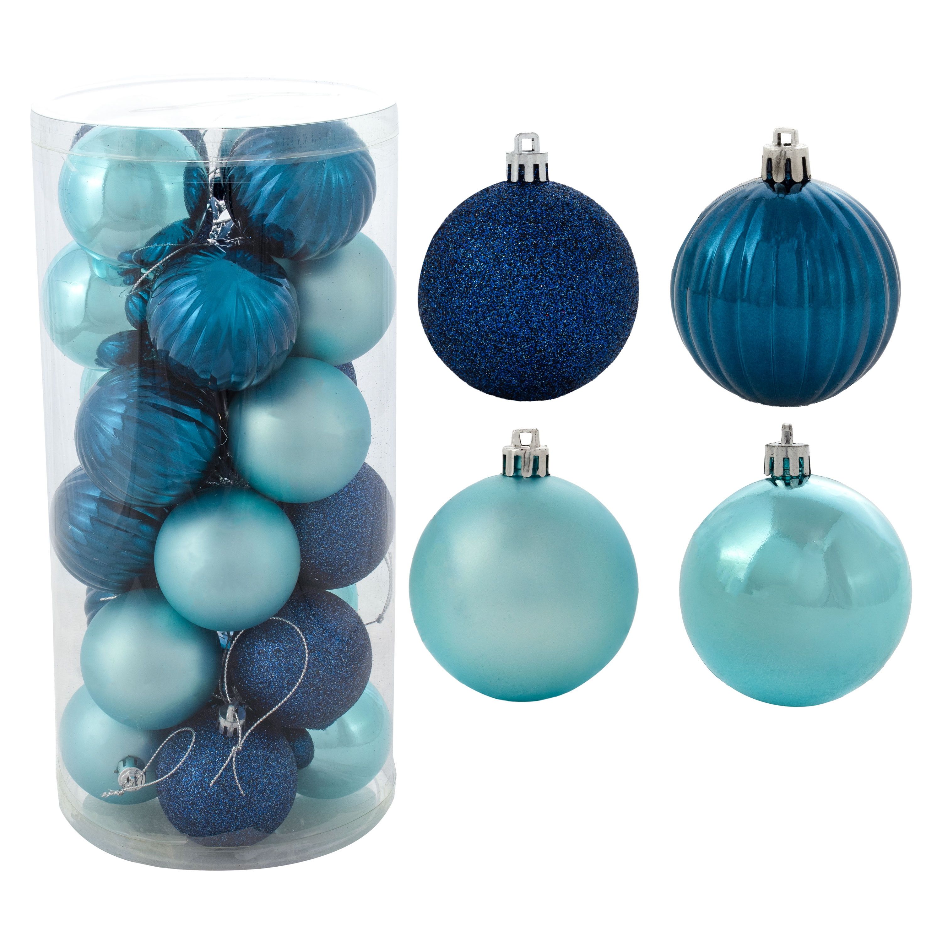 Turquoise and Blue Shatterproof Plastic Christmas Ornament Set, 24 Count