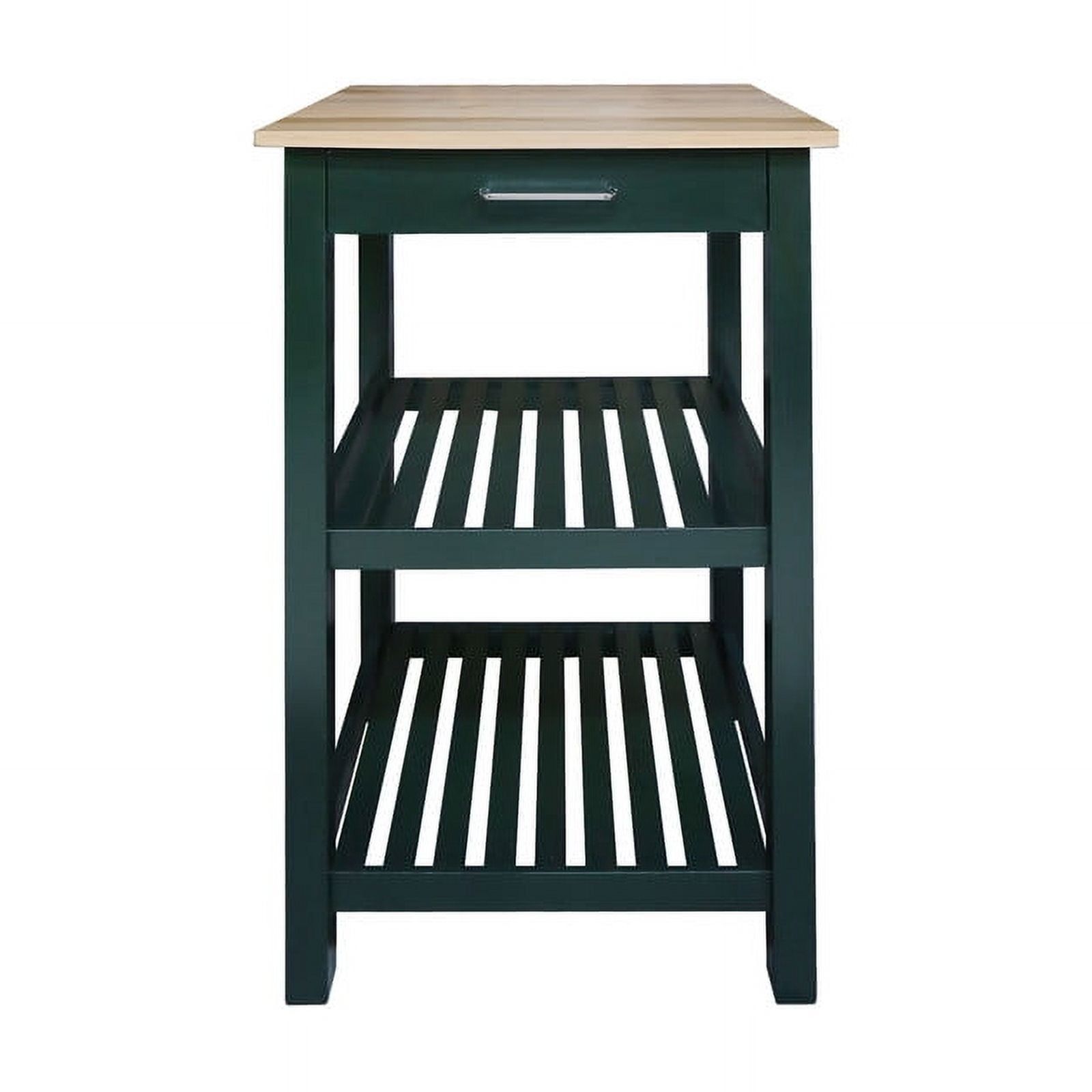 Small Hunter Green and Natural Hardwood Kitchen Island with Shelves