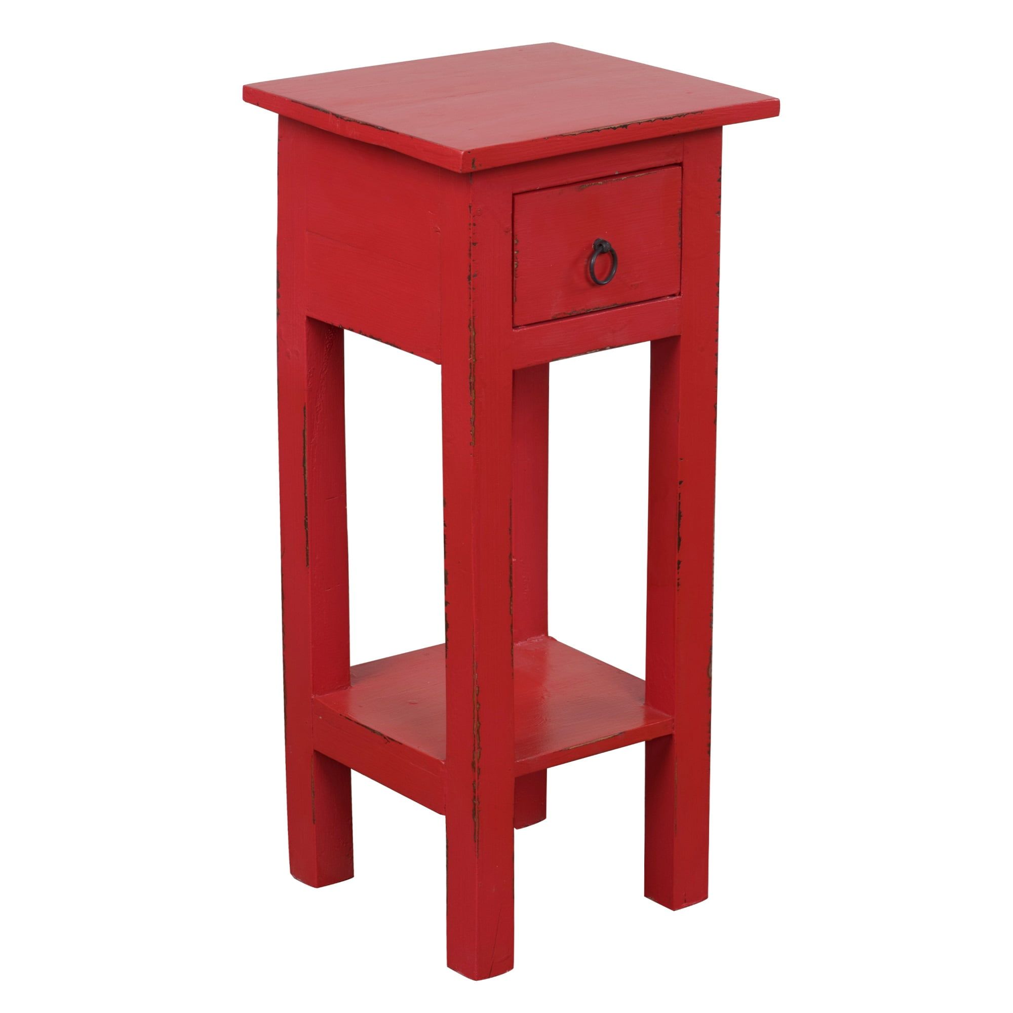 Cottage Charm Antique Red Mahogany Wood Side Table with Drawer