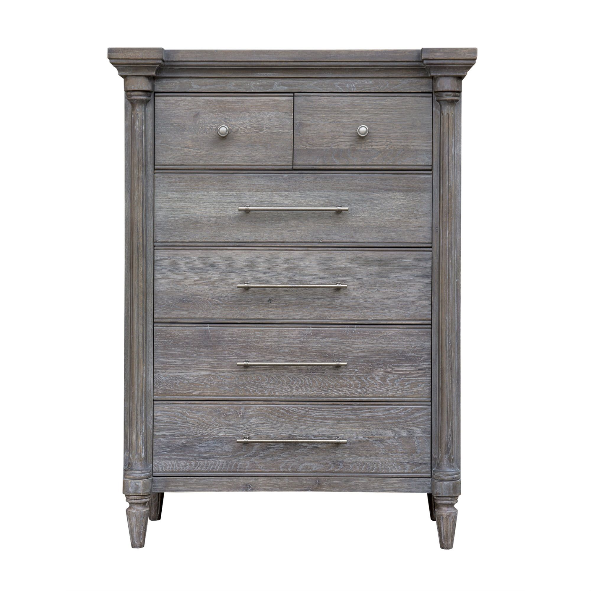 Distressed Gray Oak 6-Drawer Bedroom Chest with Brushed Nickel Pulls