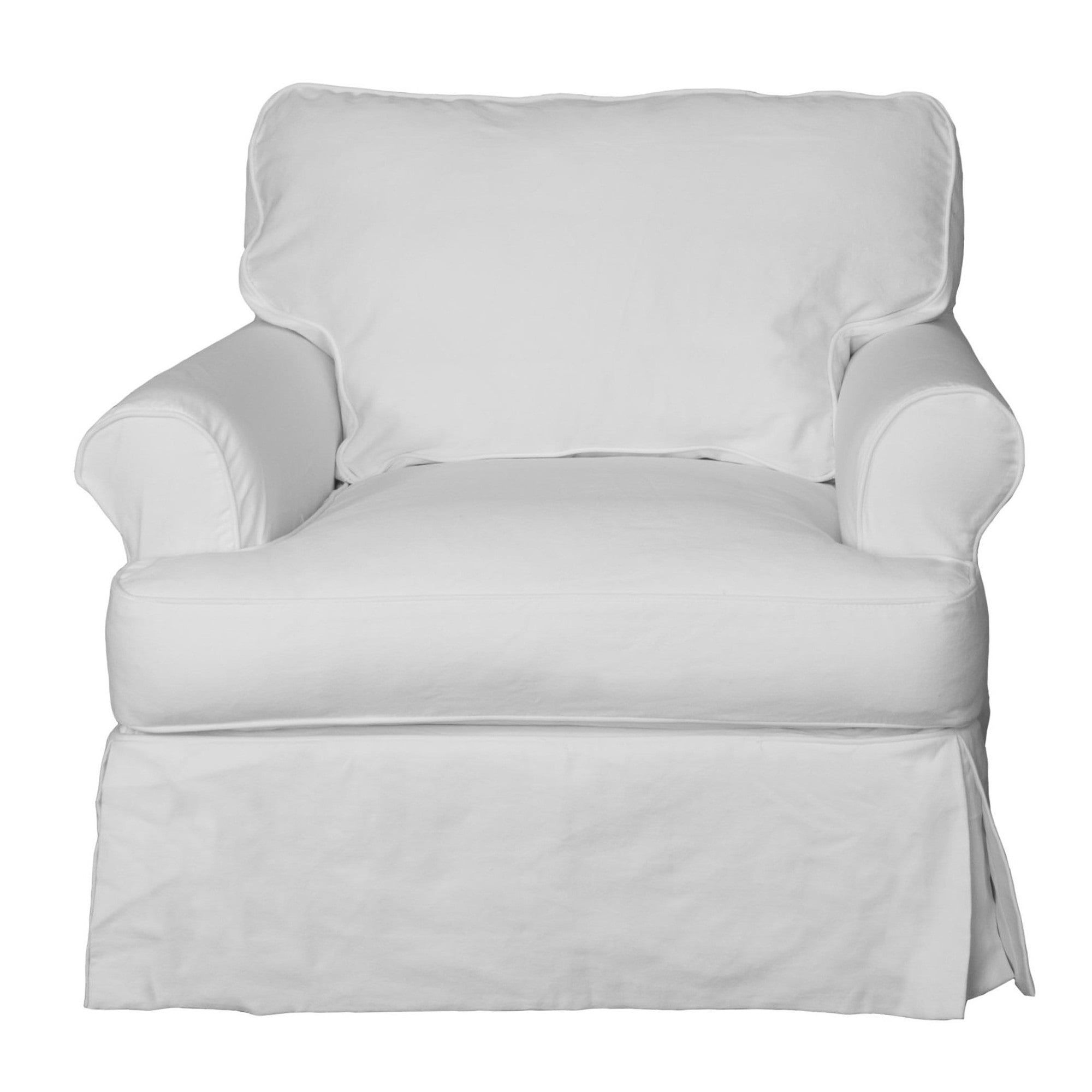 White Cotton Slipcovered T-Cushion Chaise with Wood Frame