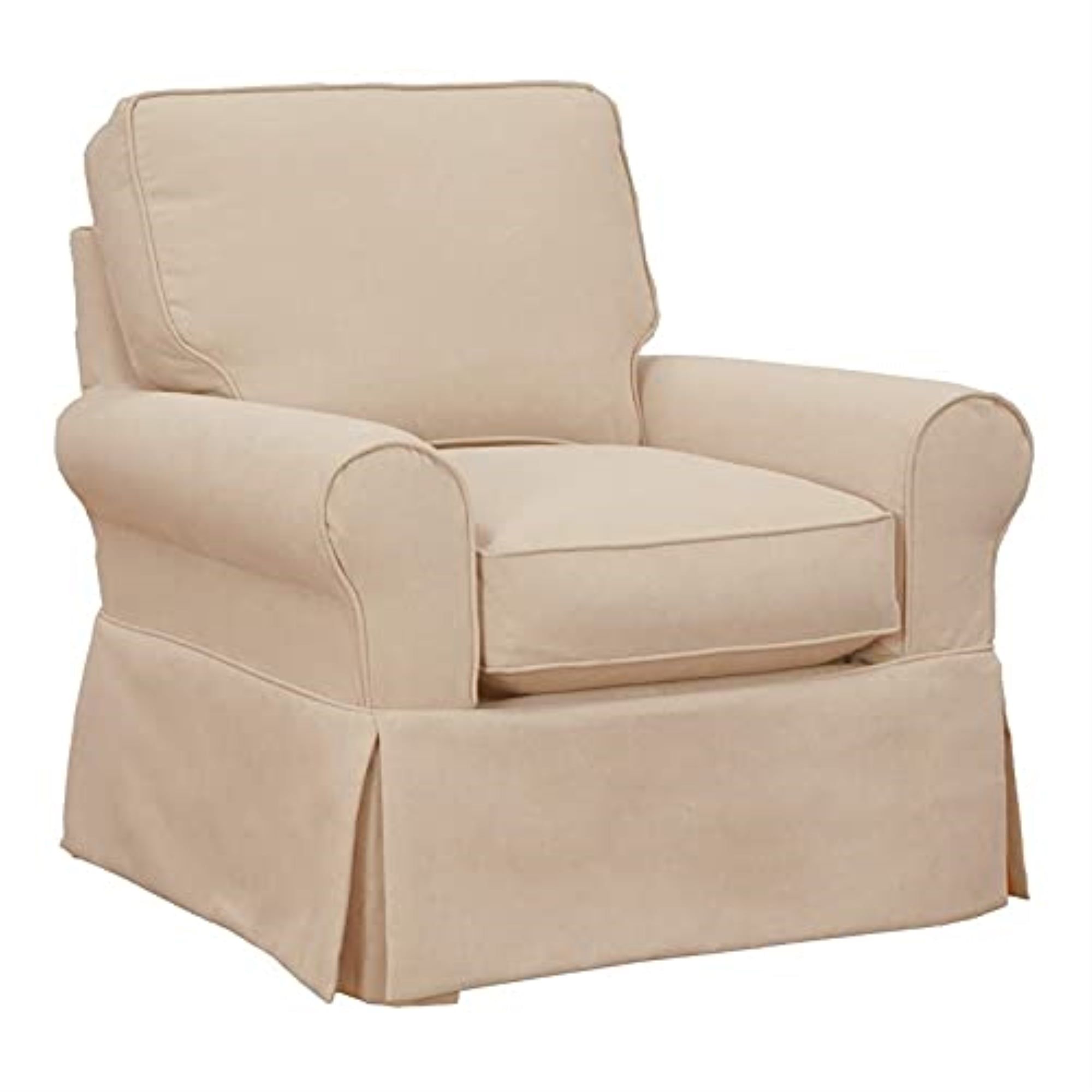 Tan Fabric Slipcovered Swivel Rocking Chair with Rolled Arms