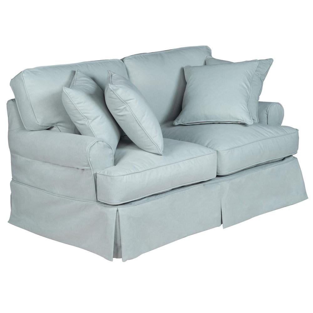 Ocean Blue Linen Loveseat with Down Fill Cushions and Rolled Arms