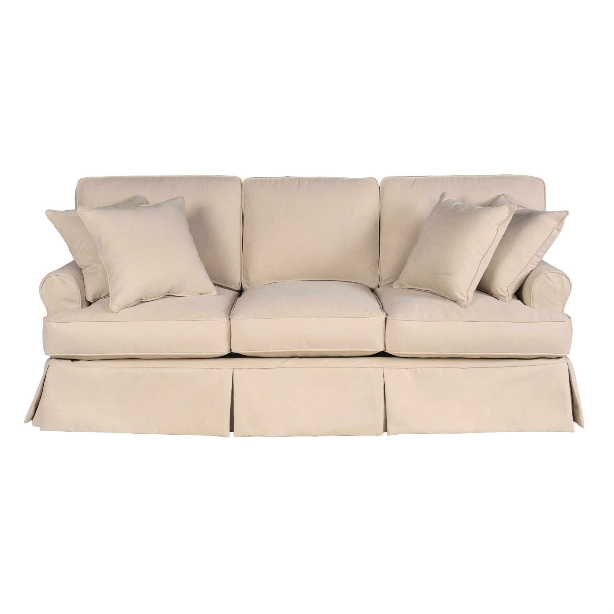 Traditional Tan Linen & Wood Sleeper Sofa with Down Fill Cushions