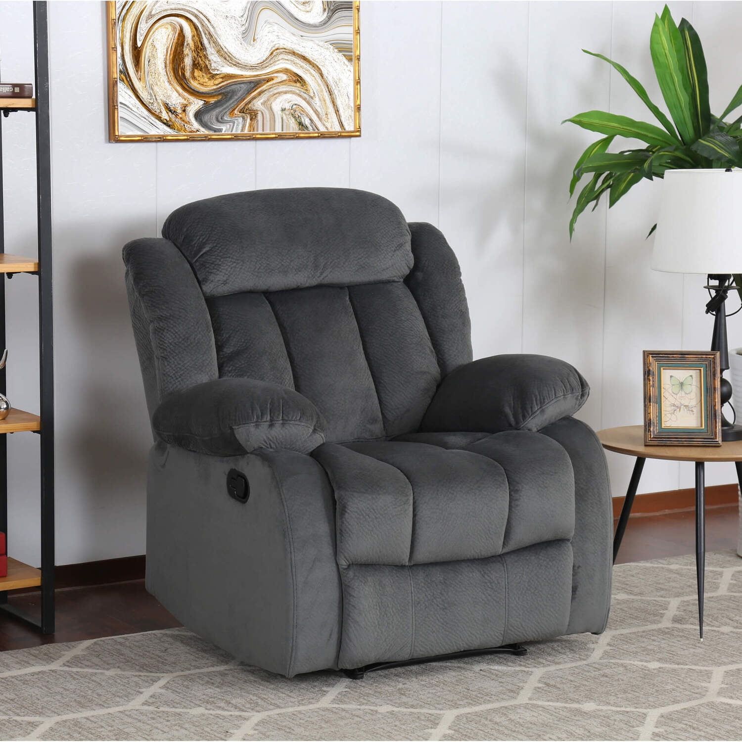 Charcoal Gray Microfiber Recliner with Wood Frame