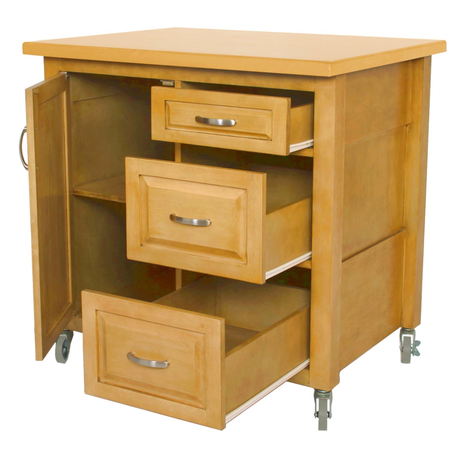 Light Oak 3-Drawer Wood Kitchen Cart with Storage